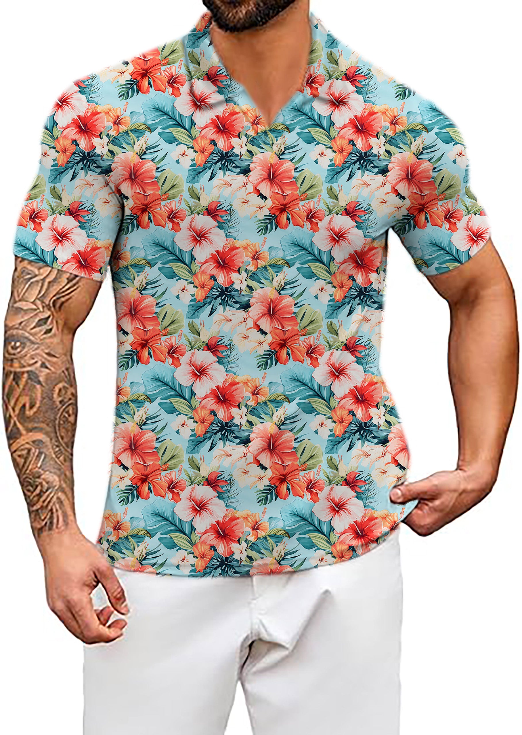 Men's Hawaiian Flowers V Neck Golf Polo Shirts