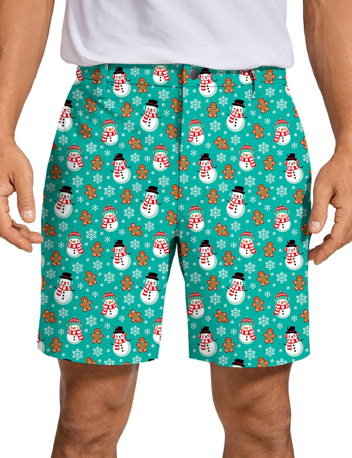 Men's blue Christmas golf shorts with gingerbread and snowman pattern, quick-dry, breathable, lightweight fabric