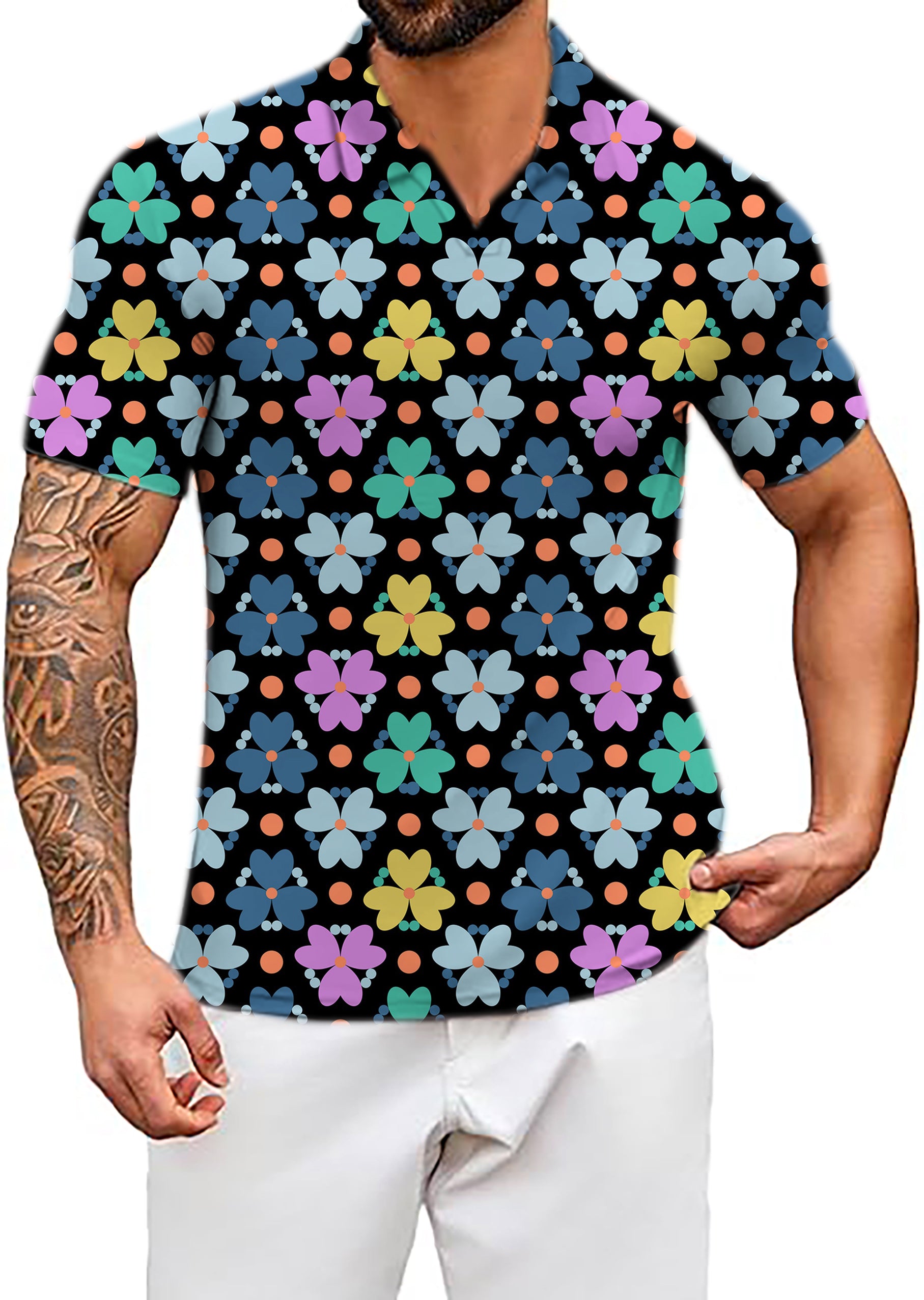 Men's Modern Flowers V Neck Golf Polo Shirts