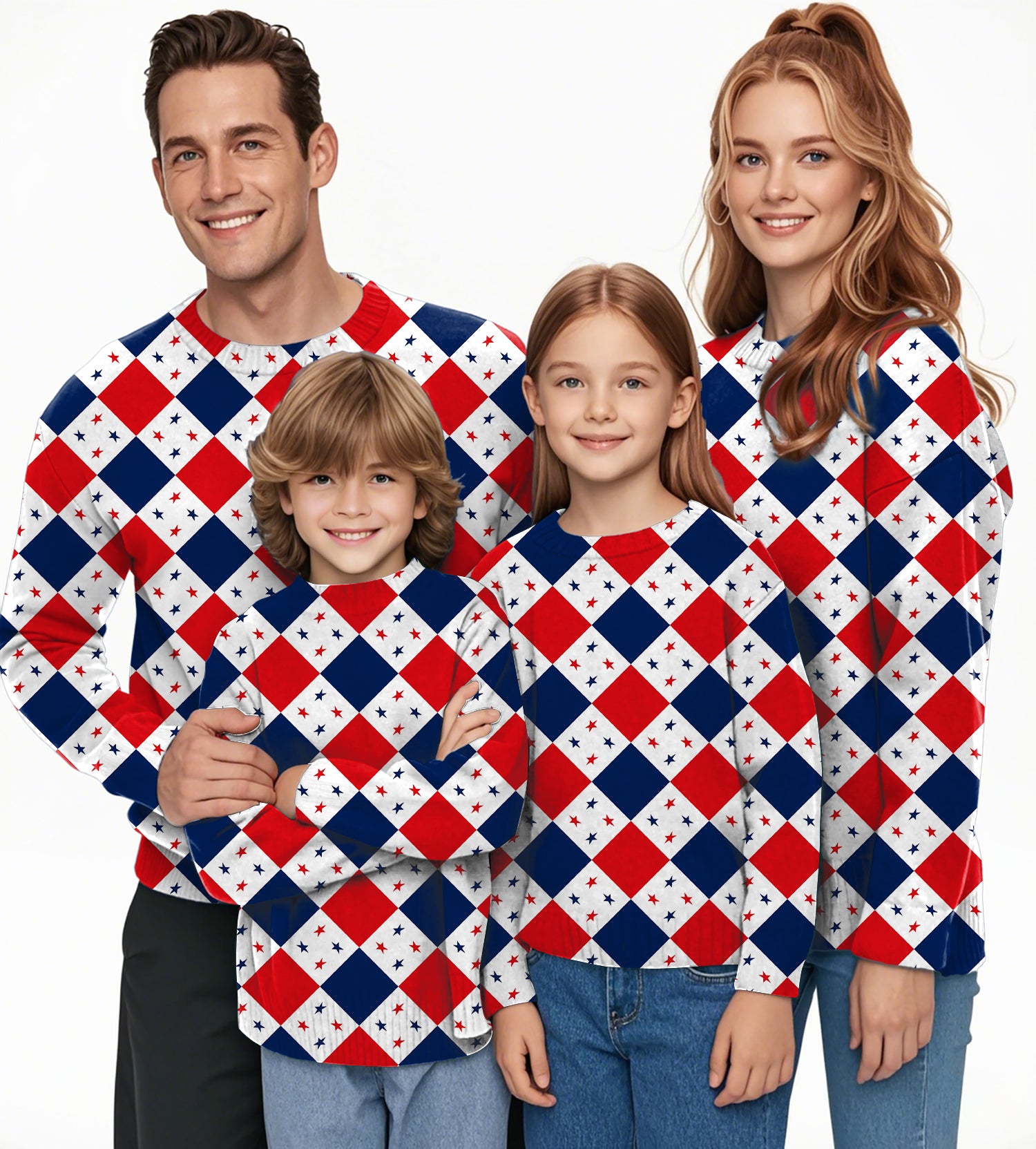 Argyle US Star flag Crewneck Pullover Ugly Sweater Men Women boy girl family
