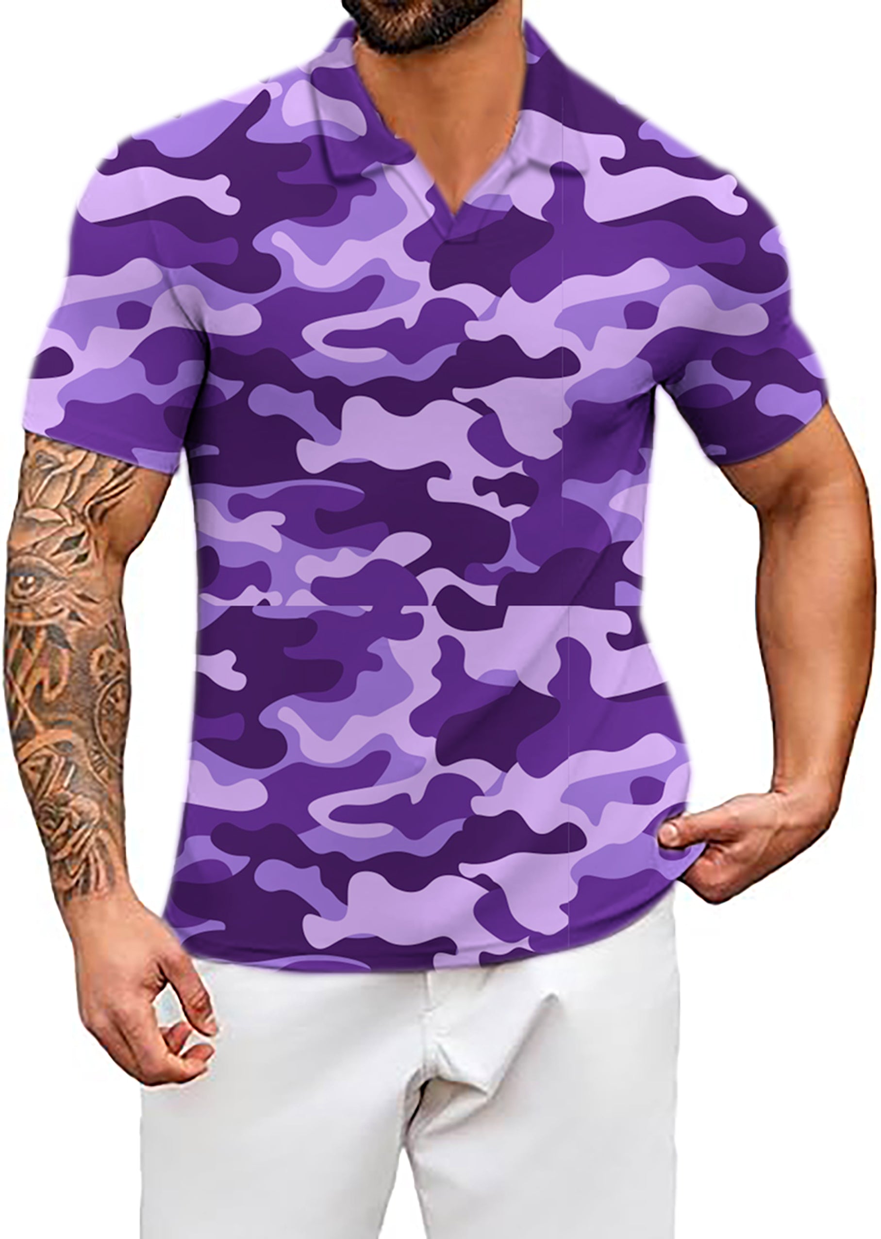 Men's Purple Camo V Neck Golf Polo Shirts