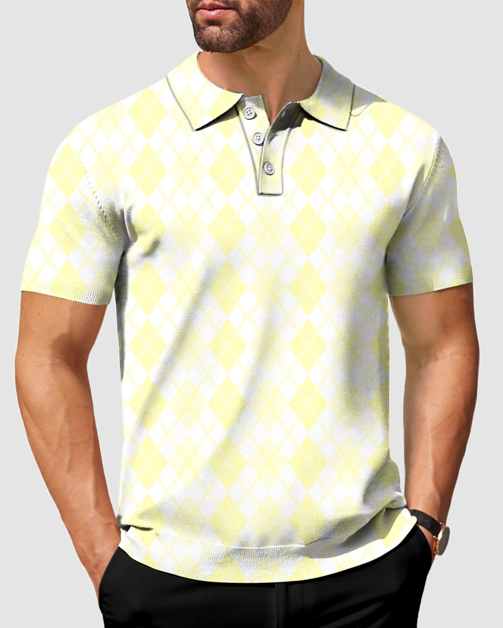 Men's yellow grid golf polo