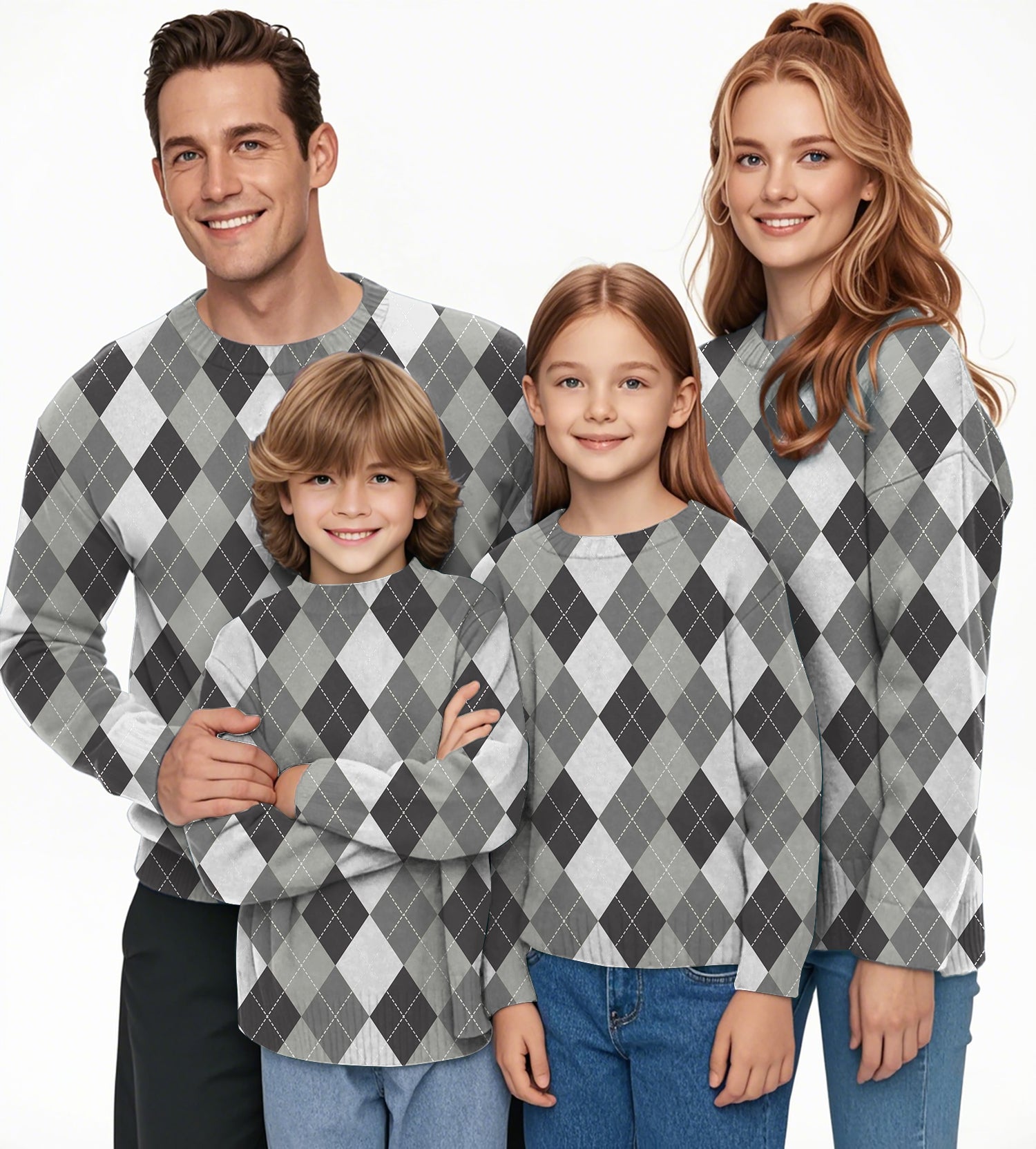 grey Argyle Crewneck Pullover Ugly Sweater Men Women boy girl family