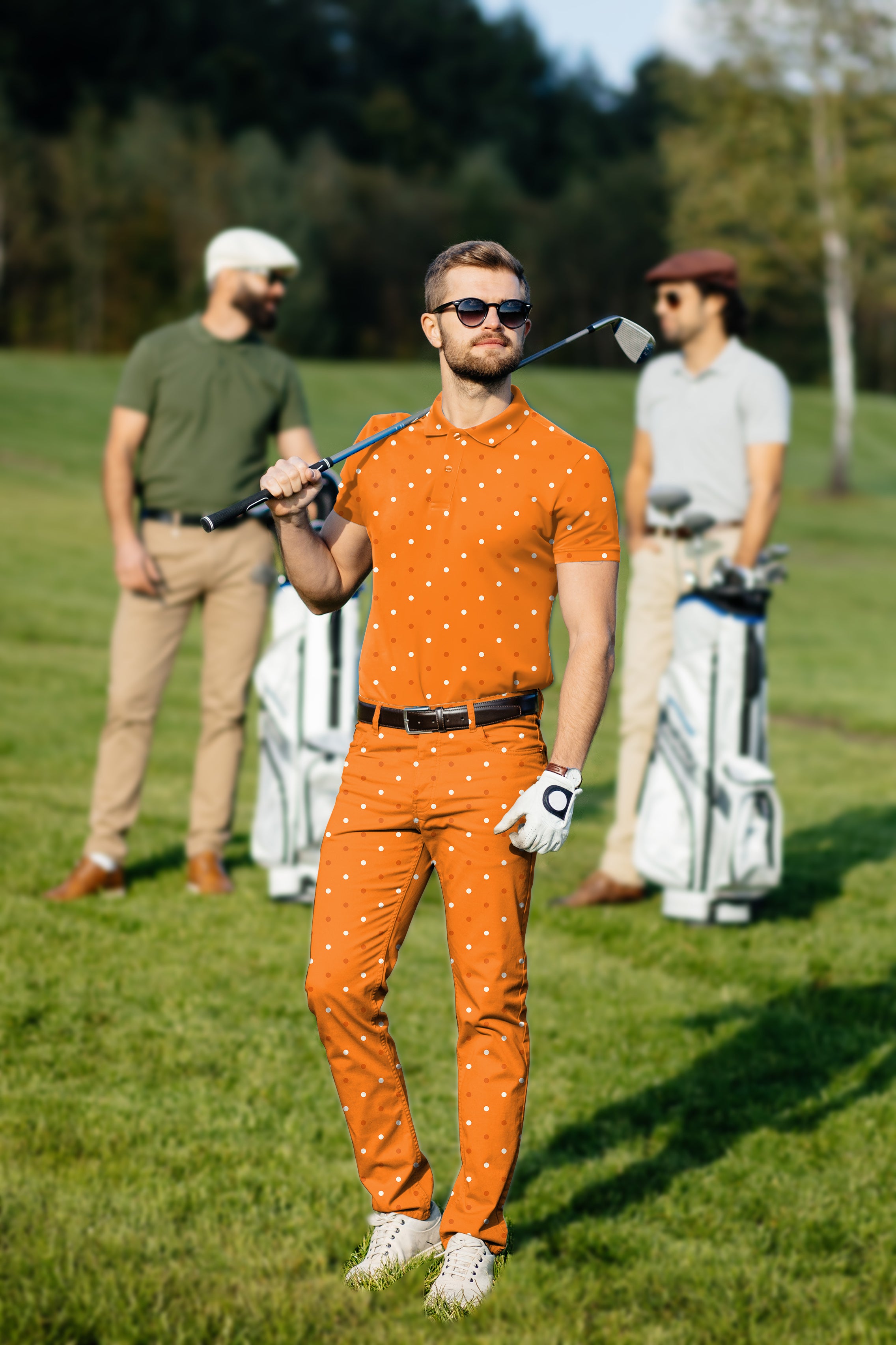 Men's Golf Set Polo+Pants Halloween yellow and white polka dots