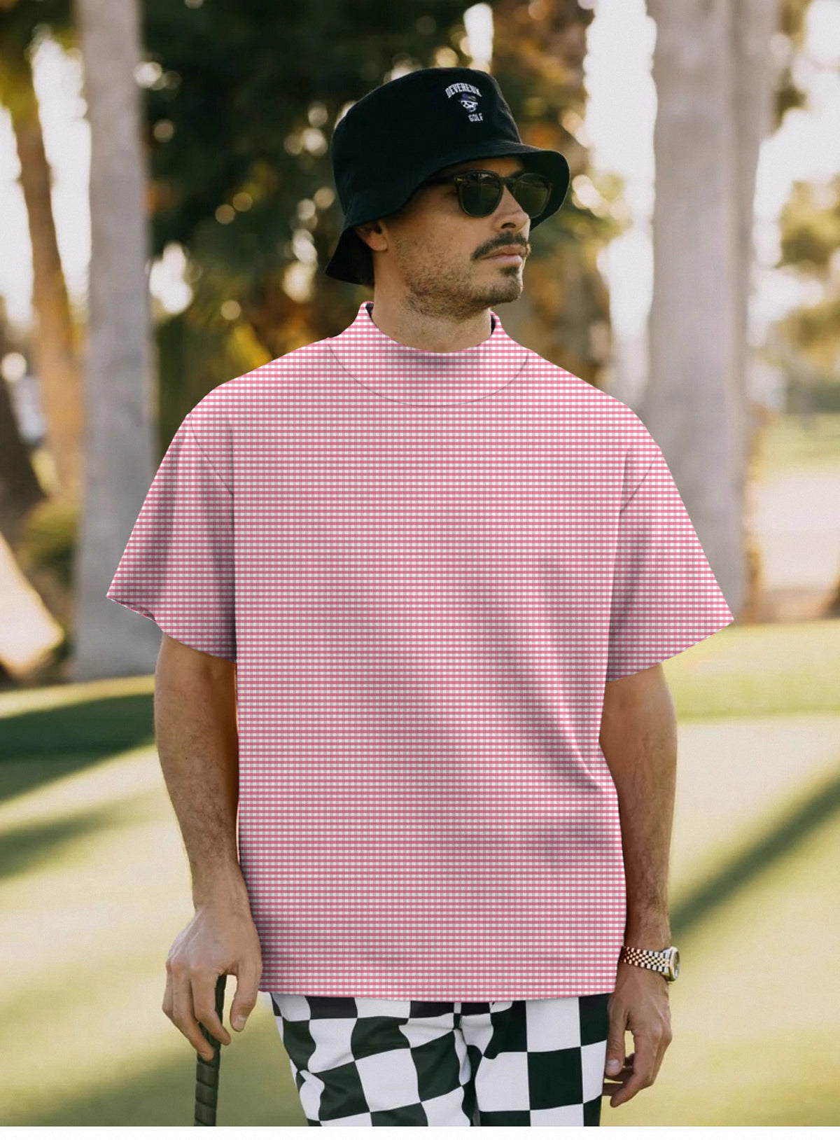 Men's Pink striped and checkered squares Mock Neck Long/Short Sleeve Golf Tops