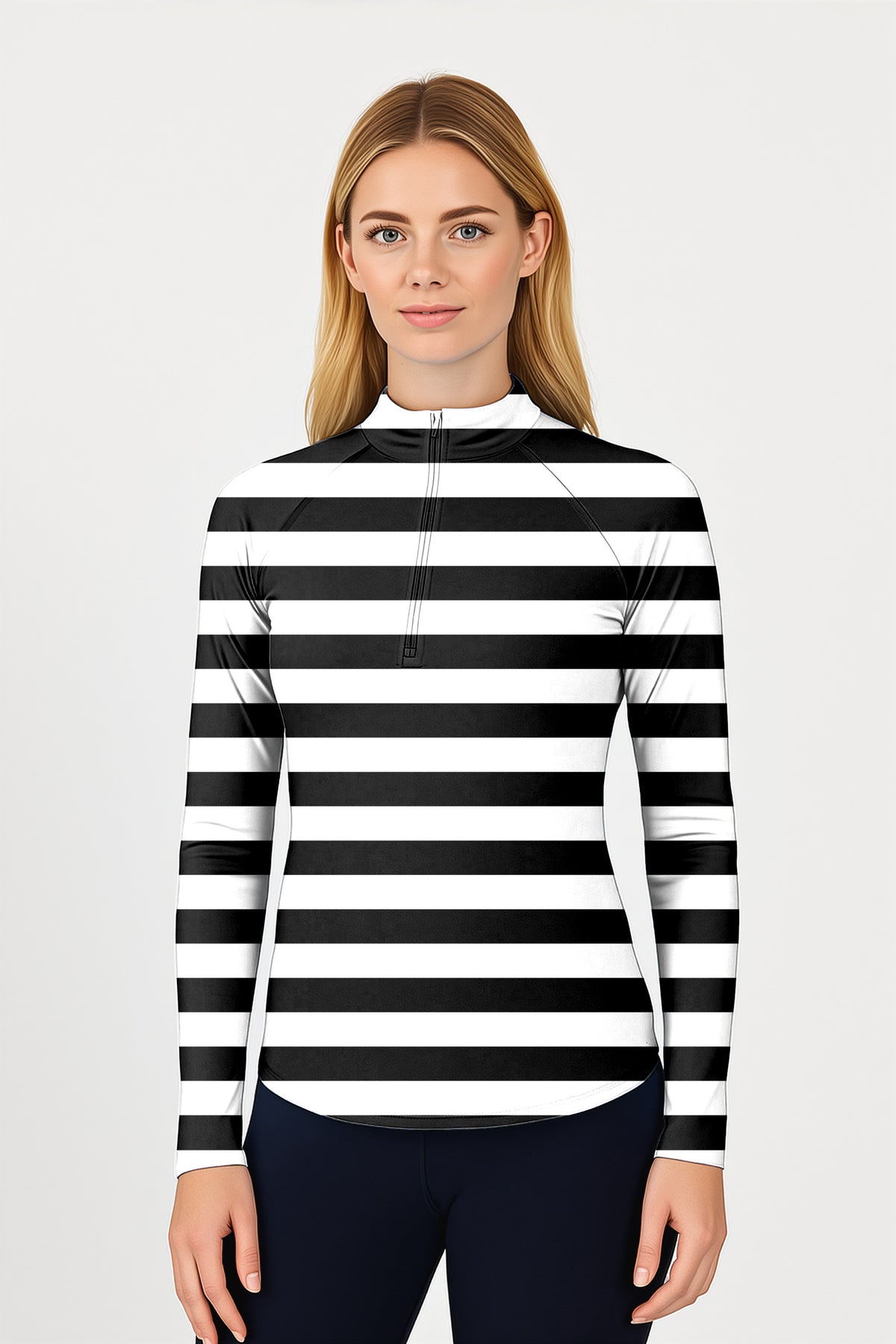 Black and white horizontal stripes Women's Golf Active 3/4 Zipper Top Long Sleeves