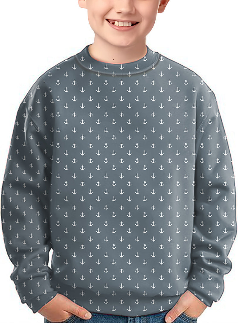 Kids gray anchor crewneck pullover with white anchor pattern