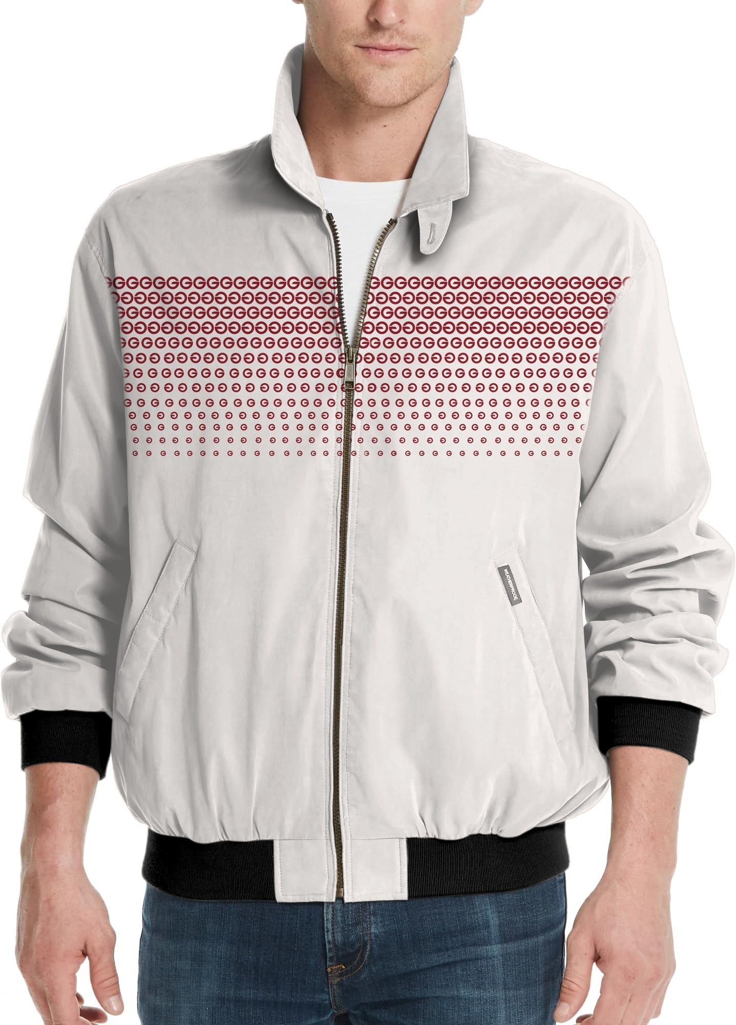 Red G Men's Golf Windbreaker light jacket with red logo pattern on white background, front zipper, and black cuffs
