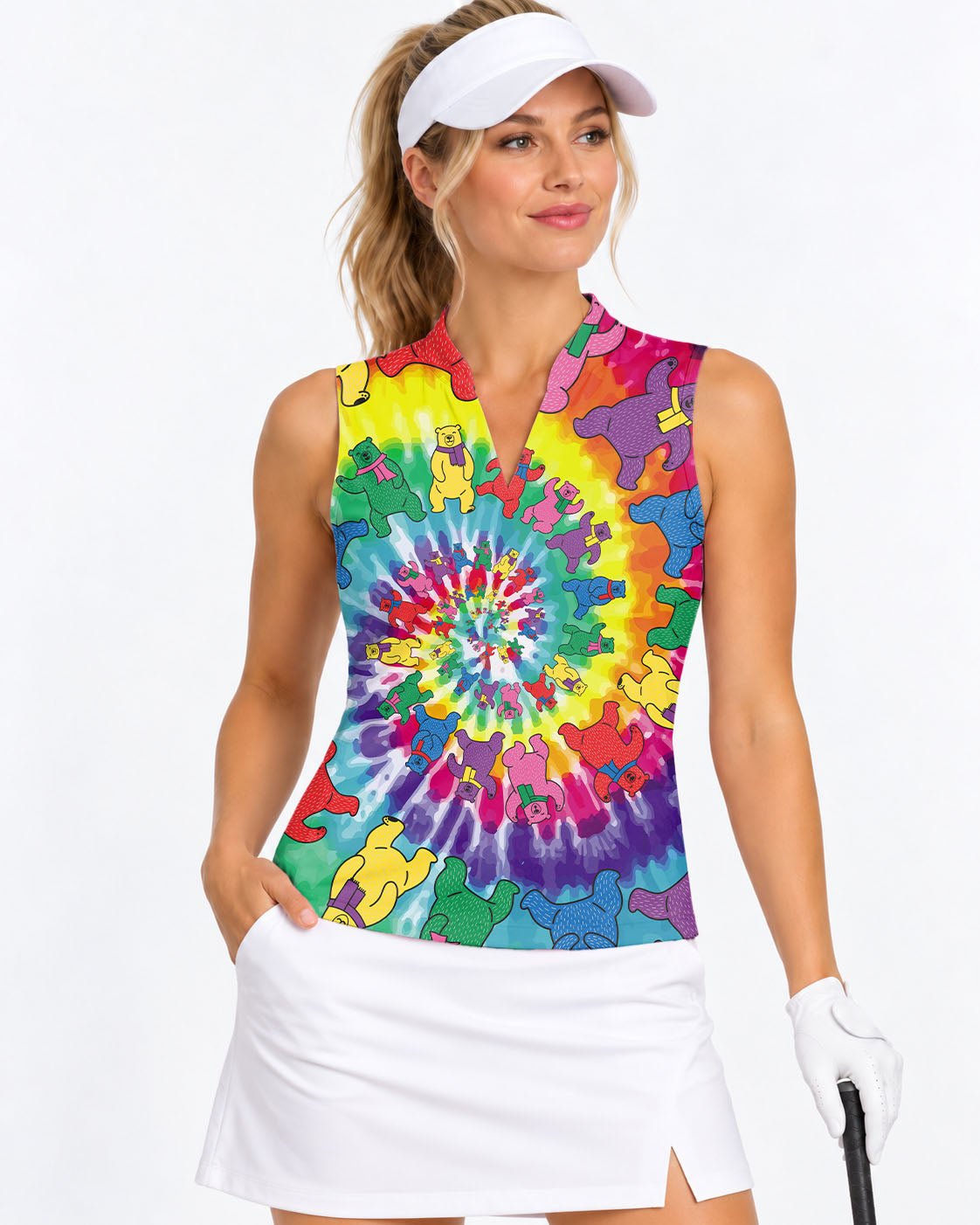 Kaleidoscope Bear-Women's V Notch Mock Neck Sleeveless Golf Athletic Blouse