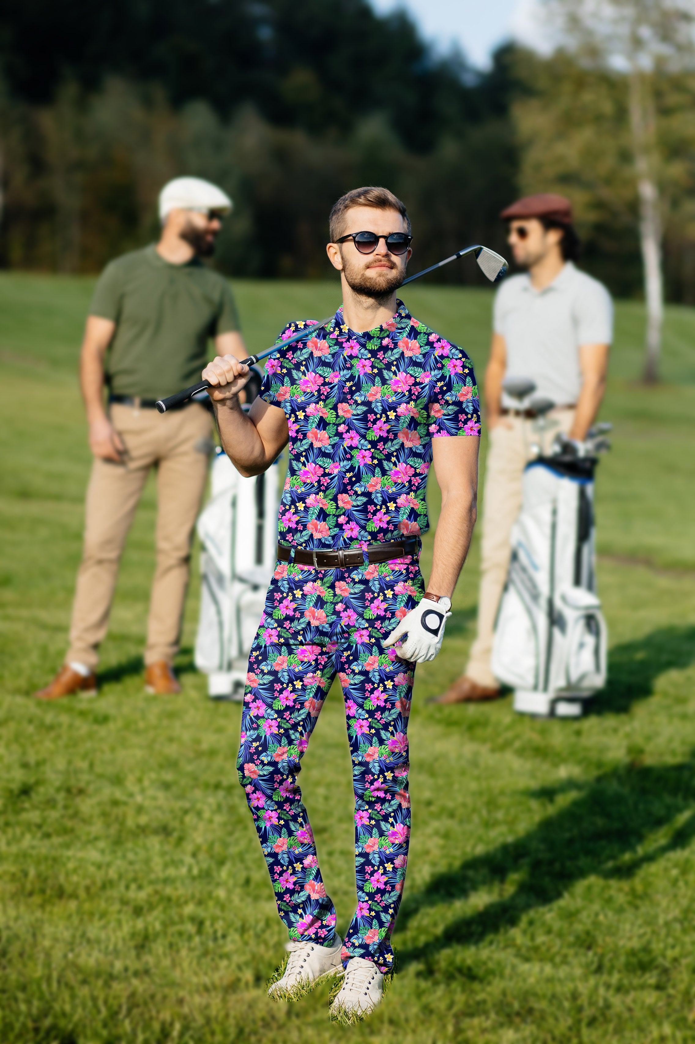 Men's Golf Set Polo+Pants Tropical flowers