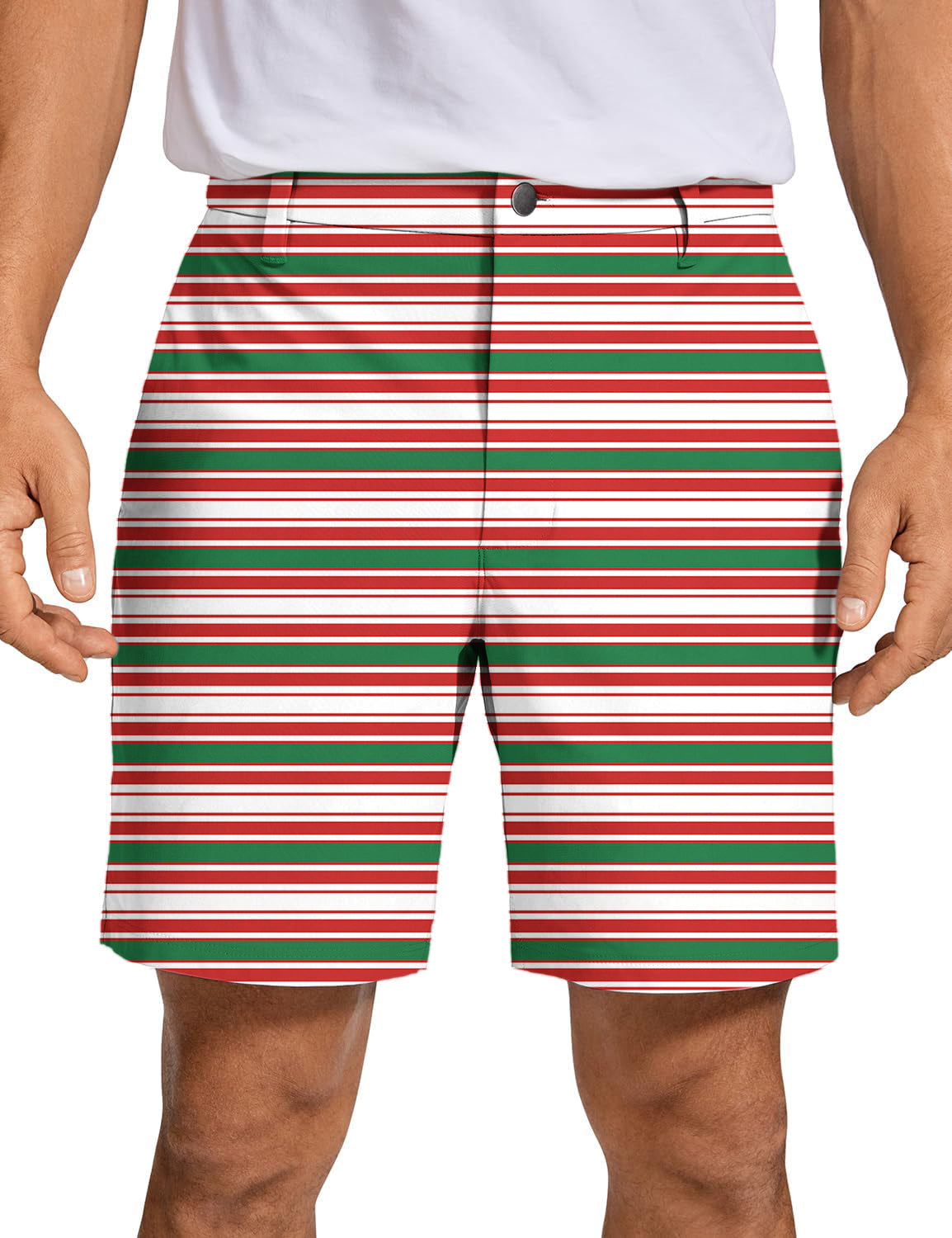 Men's striped Christmas golf shorts with red, white, and green stripes, made from quick-dry, breathable fabric for performance and comfort.