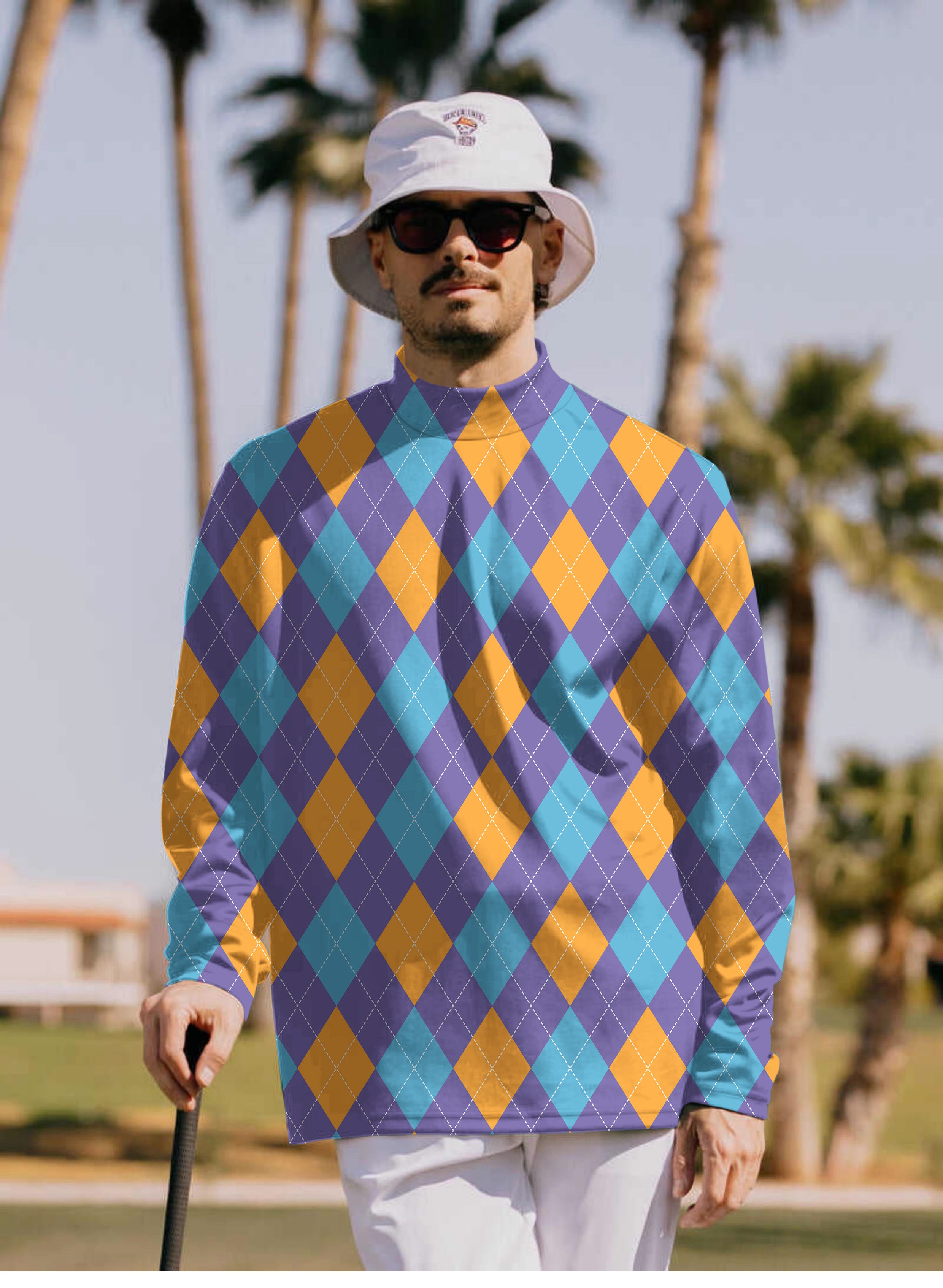 Men's Purple orange blue Argyle Pullover High neck Long/Short sleeve T-Shirt