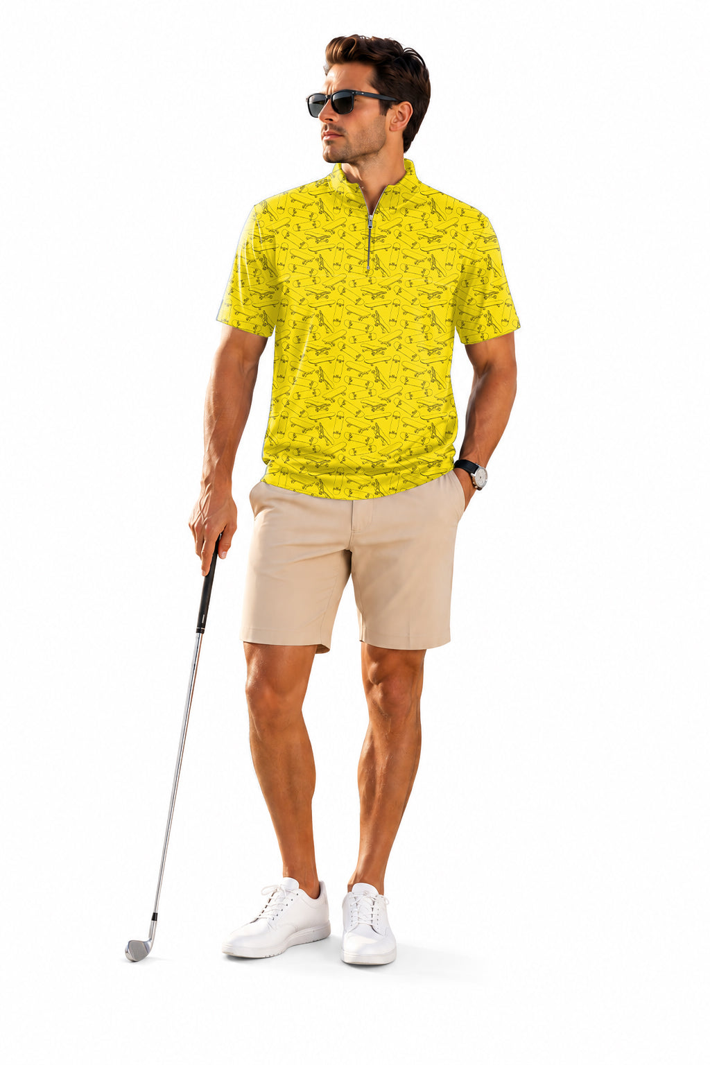 Men's Short Sleeve Quarter Zip Golf Pullover   Yellow Skateboard Embroidery