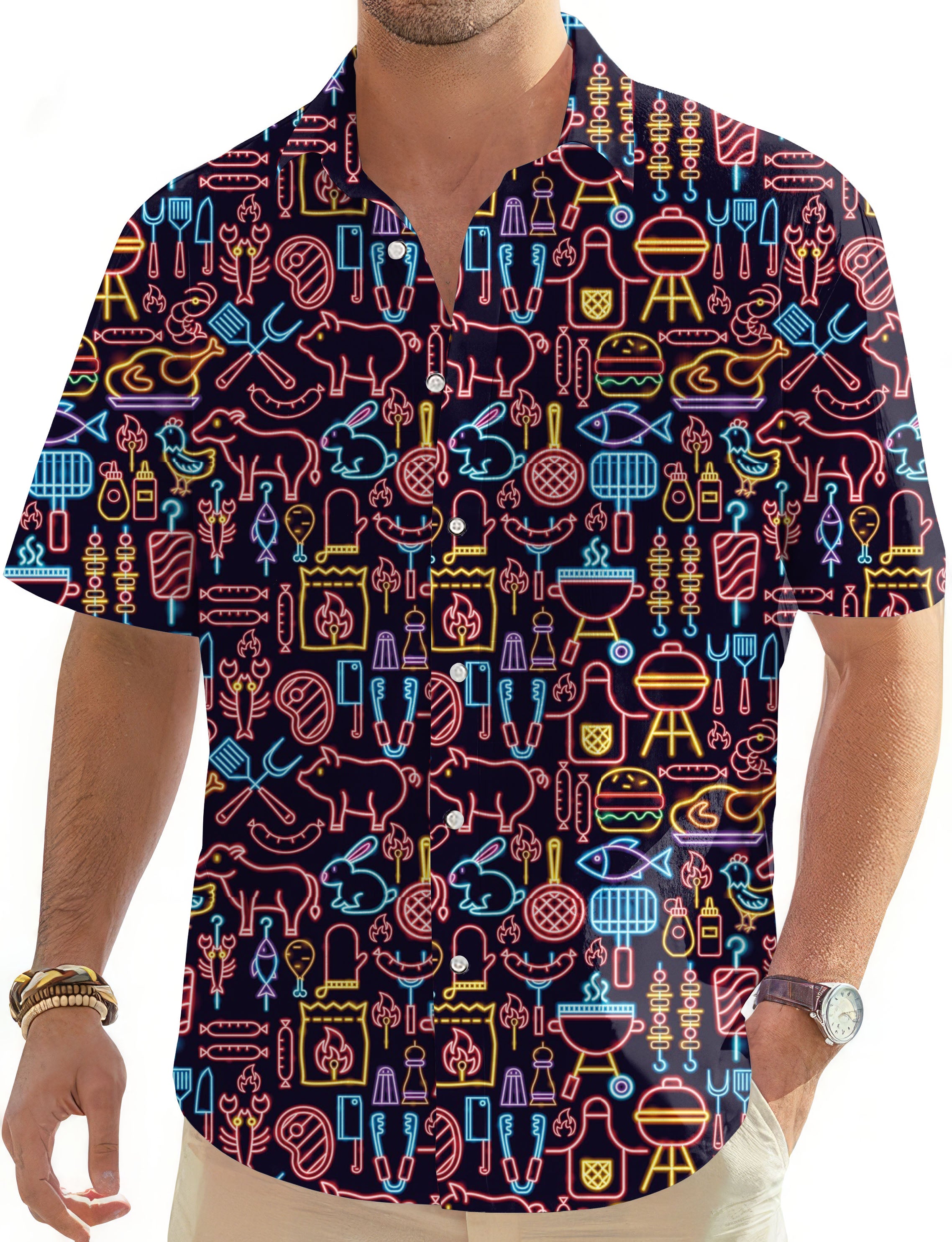 Neon bbq-Men's Golf Hawaiian Shirts Button Down Shirt