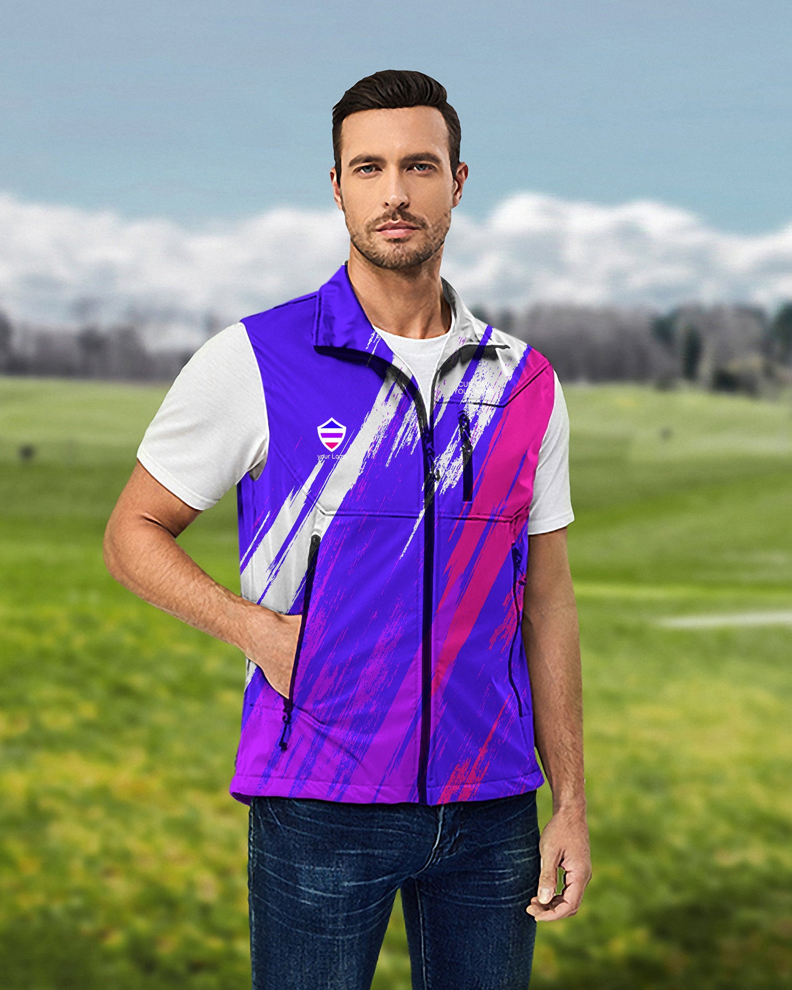 Men's blue purple pink sport Team Lightweight Softshell Vest Sleeveless Jacket for Golf Windproof Waterproof