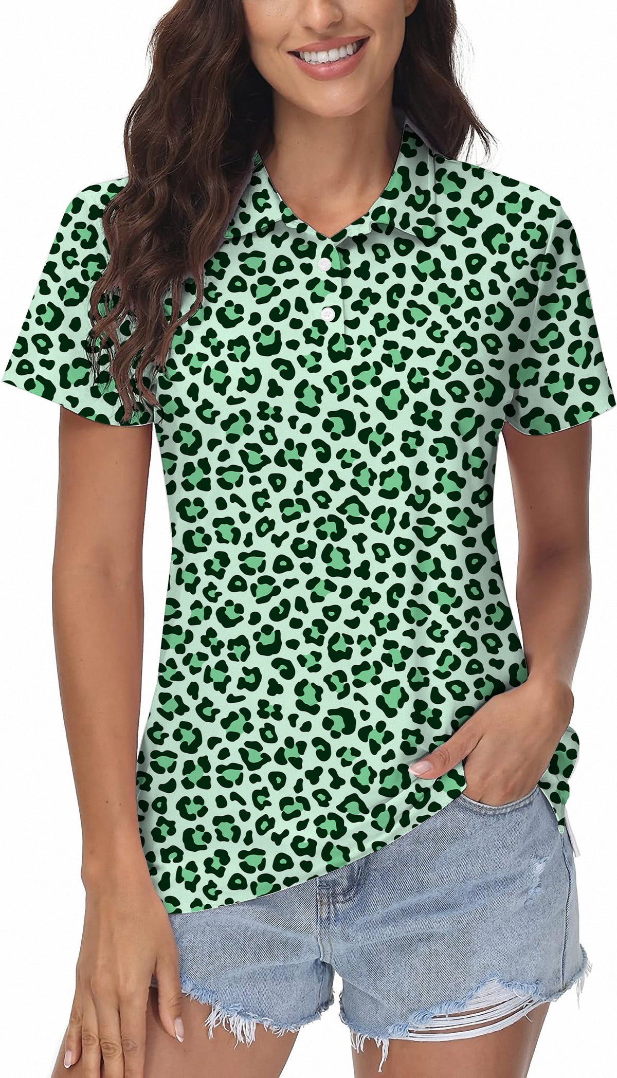 Green leopard print Women's Golf Polo