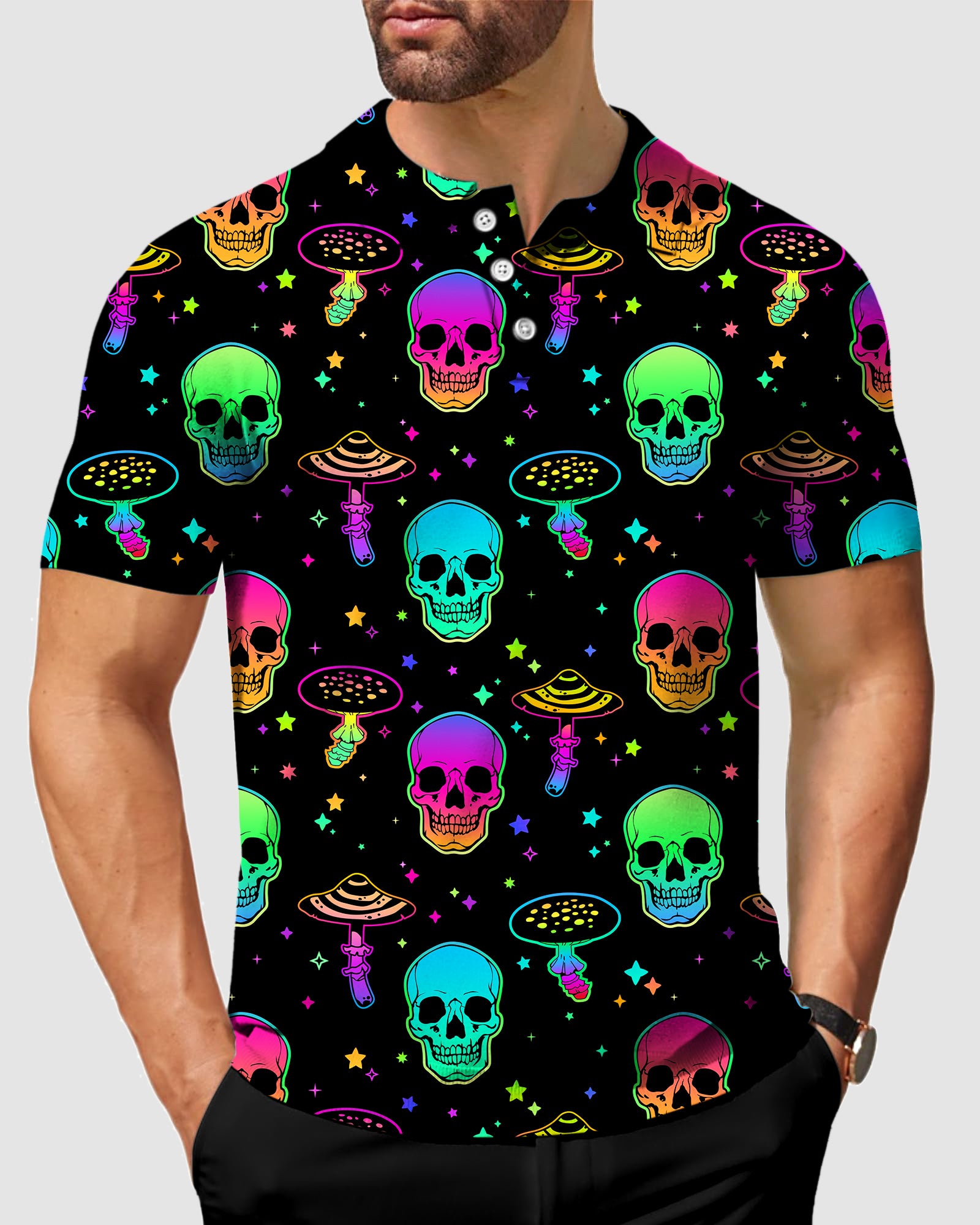 men's golf Neon Mushroom Skeleton polo