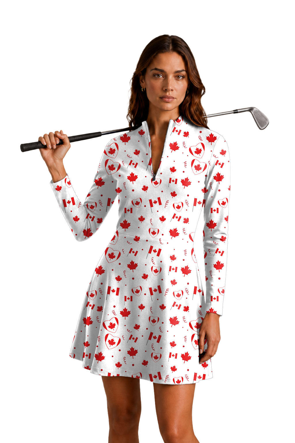Canadian Patriotic Flag Women's Golf Long Sleeve Zipper Dresses Comes with separate matching shorts