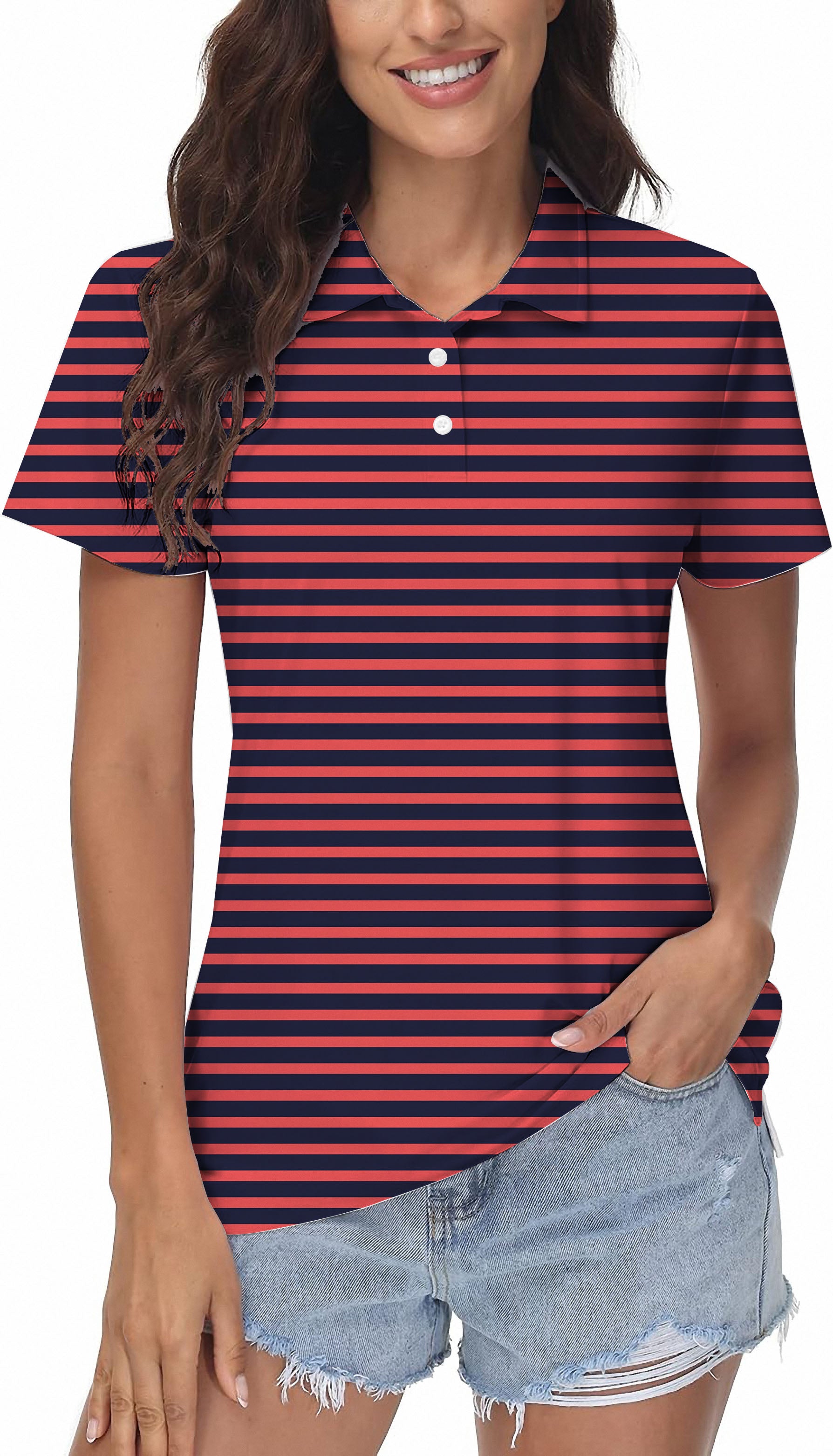 Women's Navy Red Stripes Golf Polo