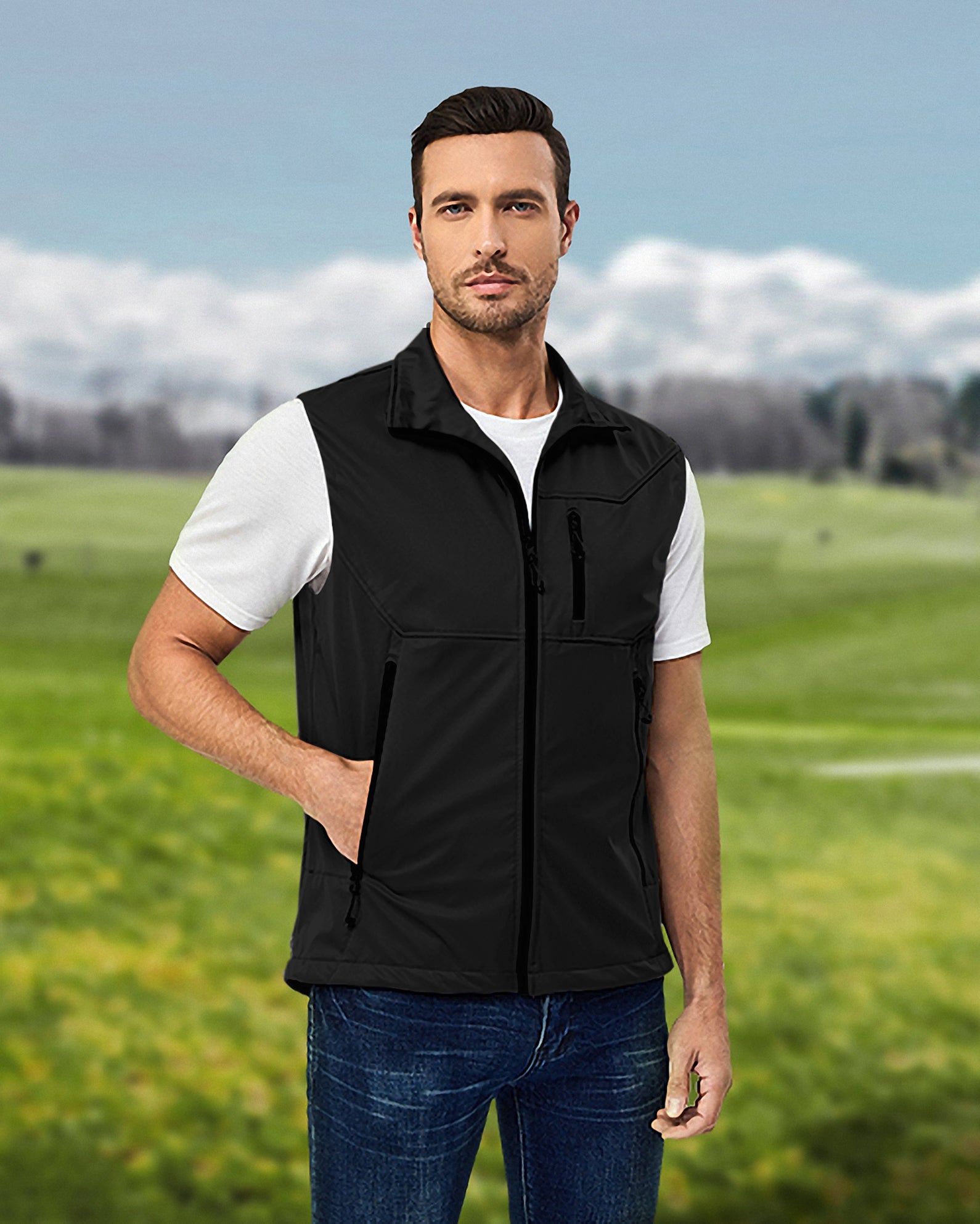 Men's pure Black Lightweight Softshell Vest Sleeveless Jacket for Golf Windproof Waterproof