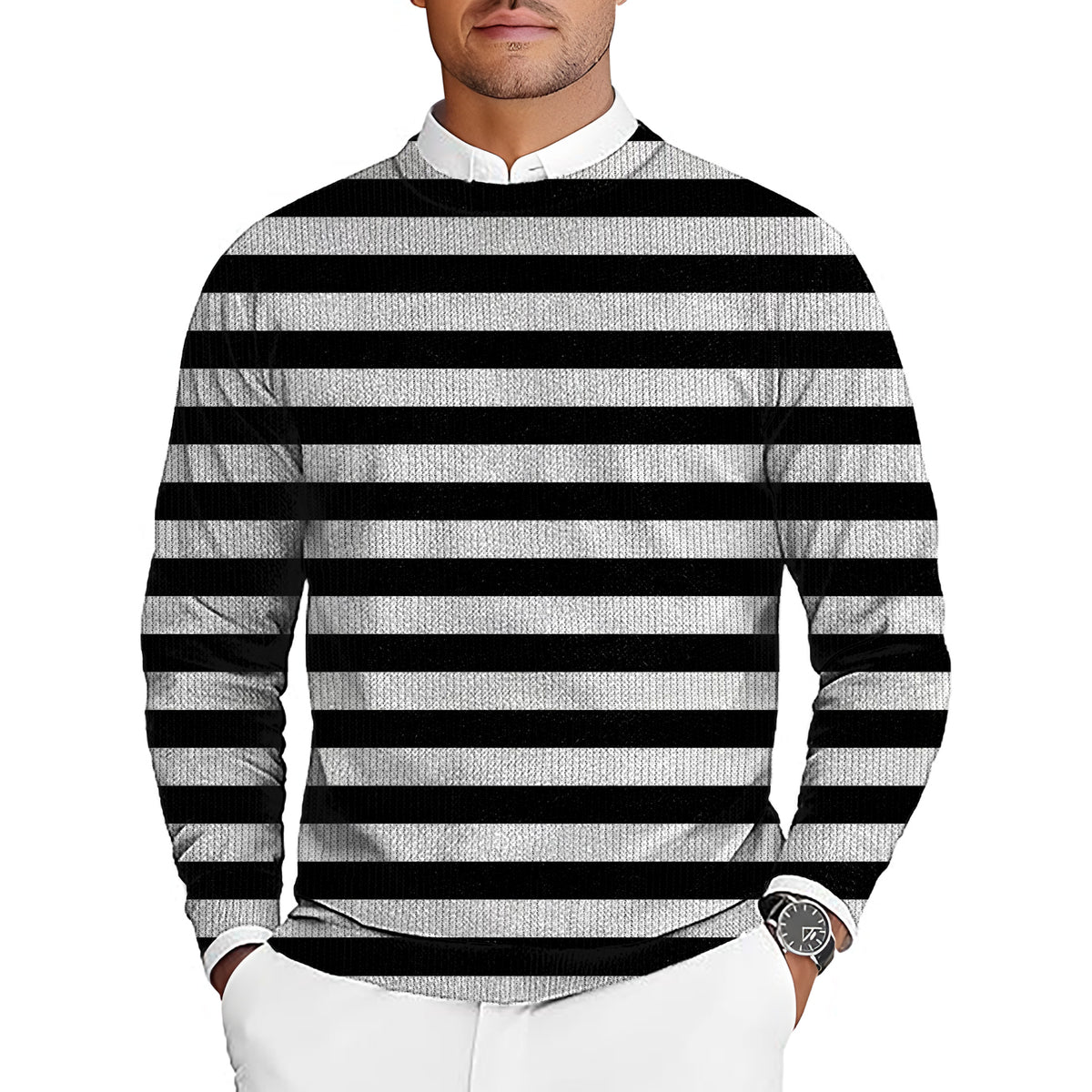 Black and white horizontal stripes Men's Golf Crewneck Pullover Sweaters Ugly Sweater