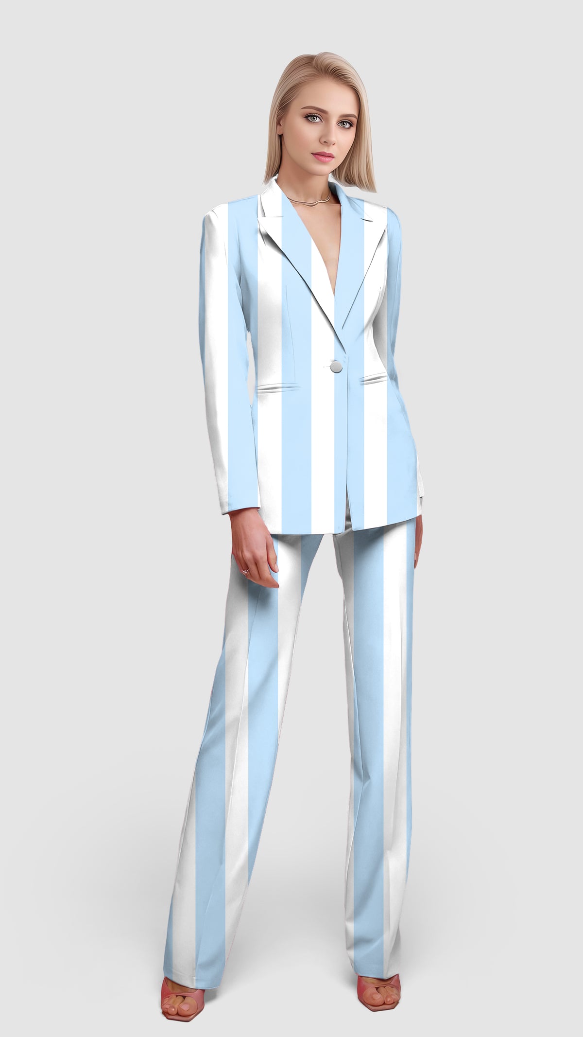 Blue and white vertical stripes Women's Blazer Casual Work Office Blazer Suit set