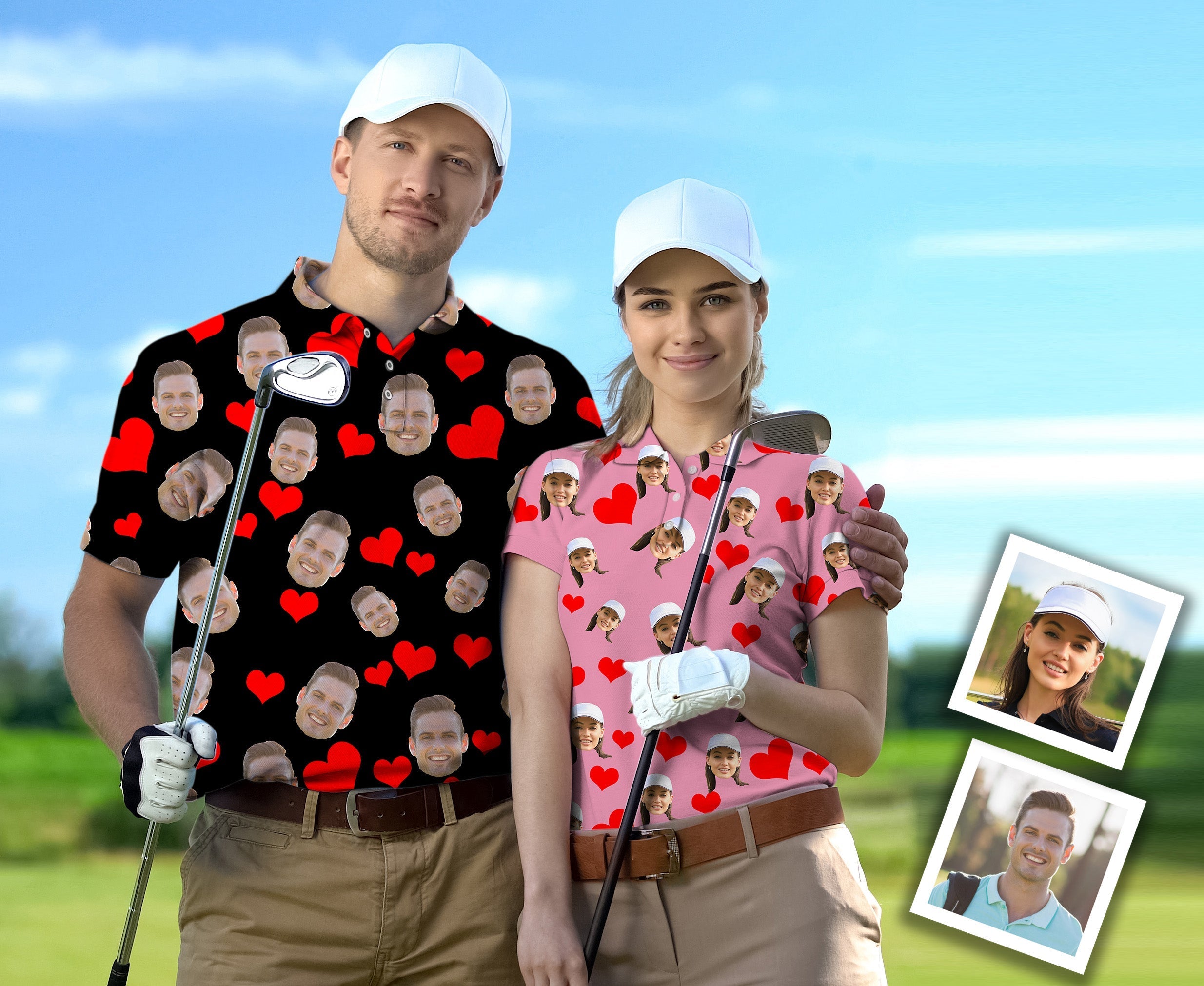 Couple wearing custom golf shirts with red hearts and personalized photos, holding golf clubs on a course