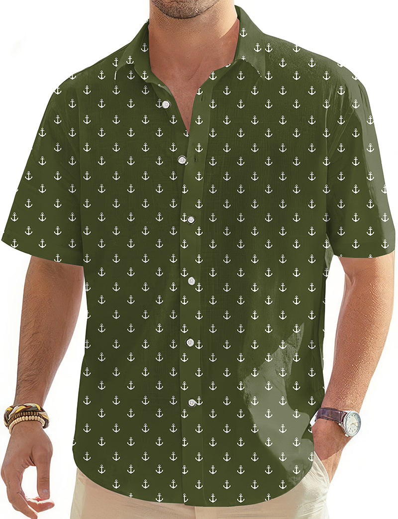 dark green anchor men's Hawaiian golf shirt with button-down and short sleeves