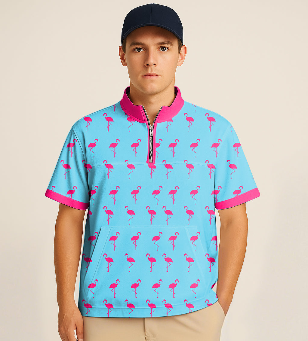 Half Zipper Turtleneck Golf Short Shirt Flamingo Embroidery