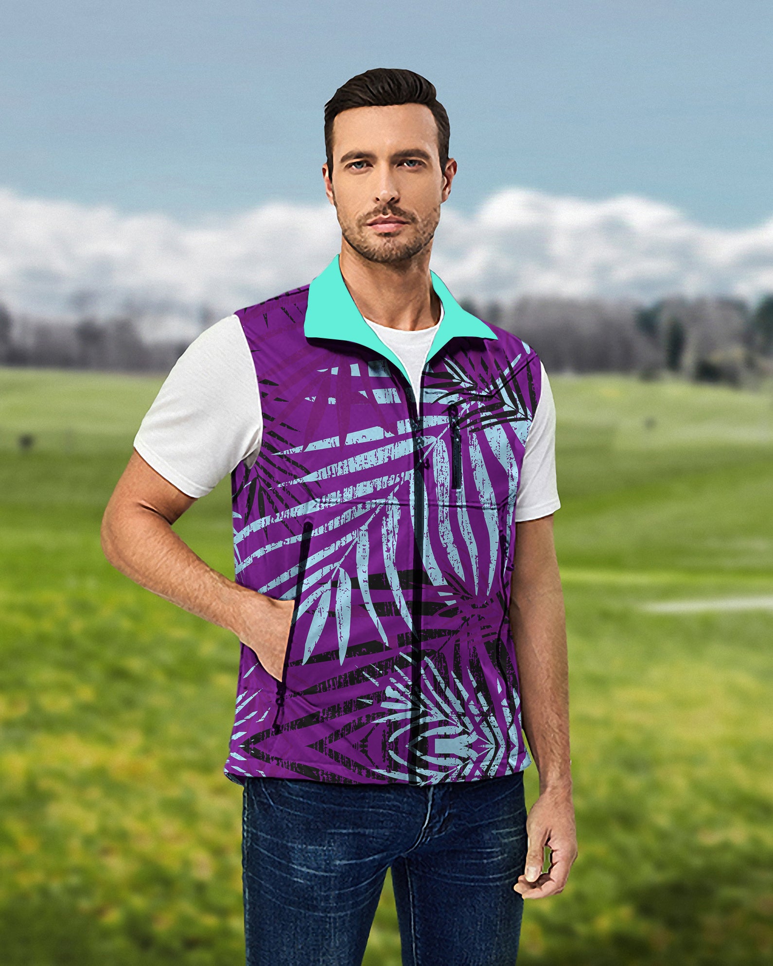 Men's purple leaf Lightweight Softshell Vest Sleeveless Jacket for Golf Windproof Waterproof