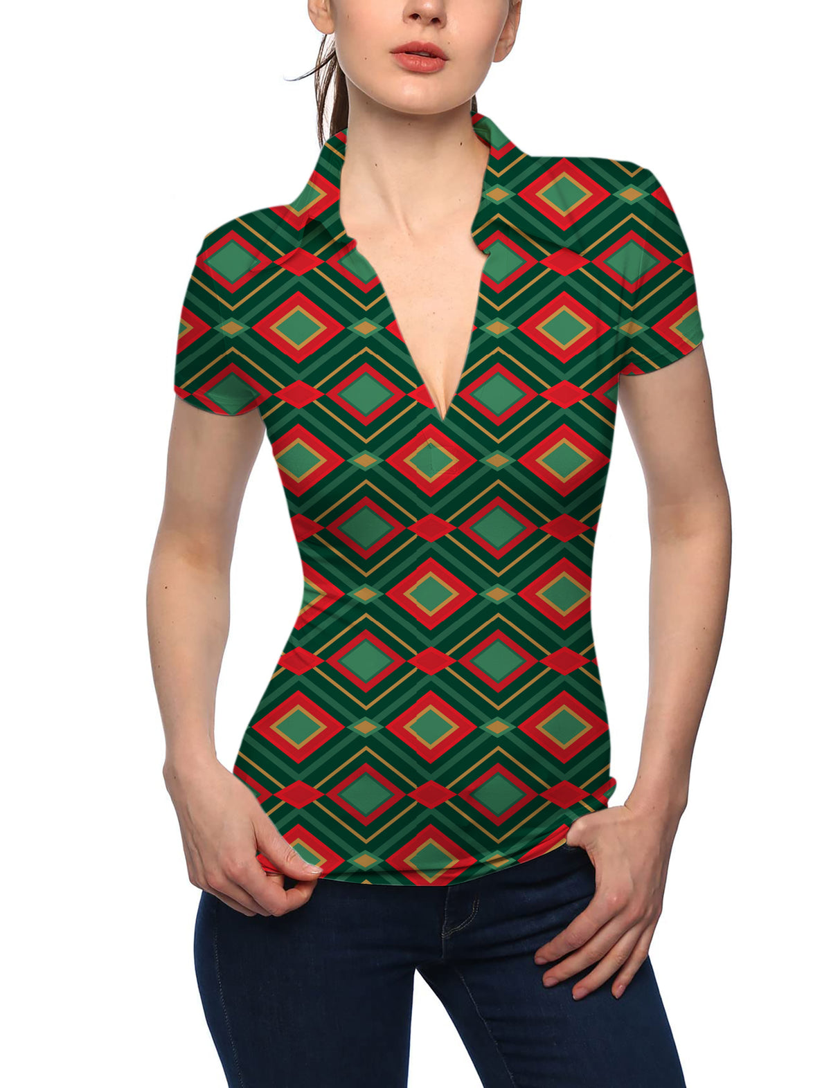 Women's Christmas Argyle V Neck Golf Polo