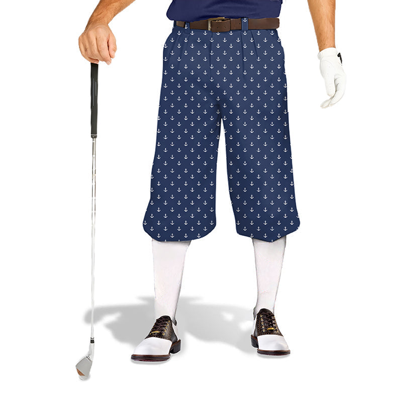 Dark blue men's golf knickers with white anchor pattern and snug ankle cuffs