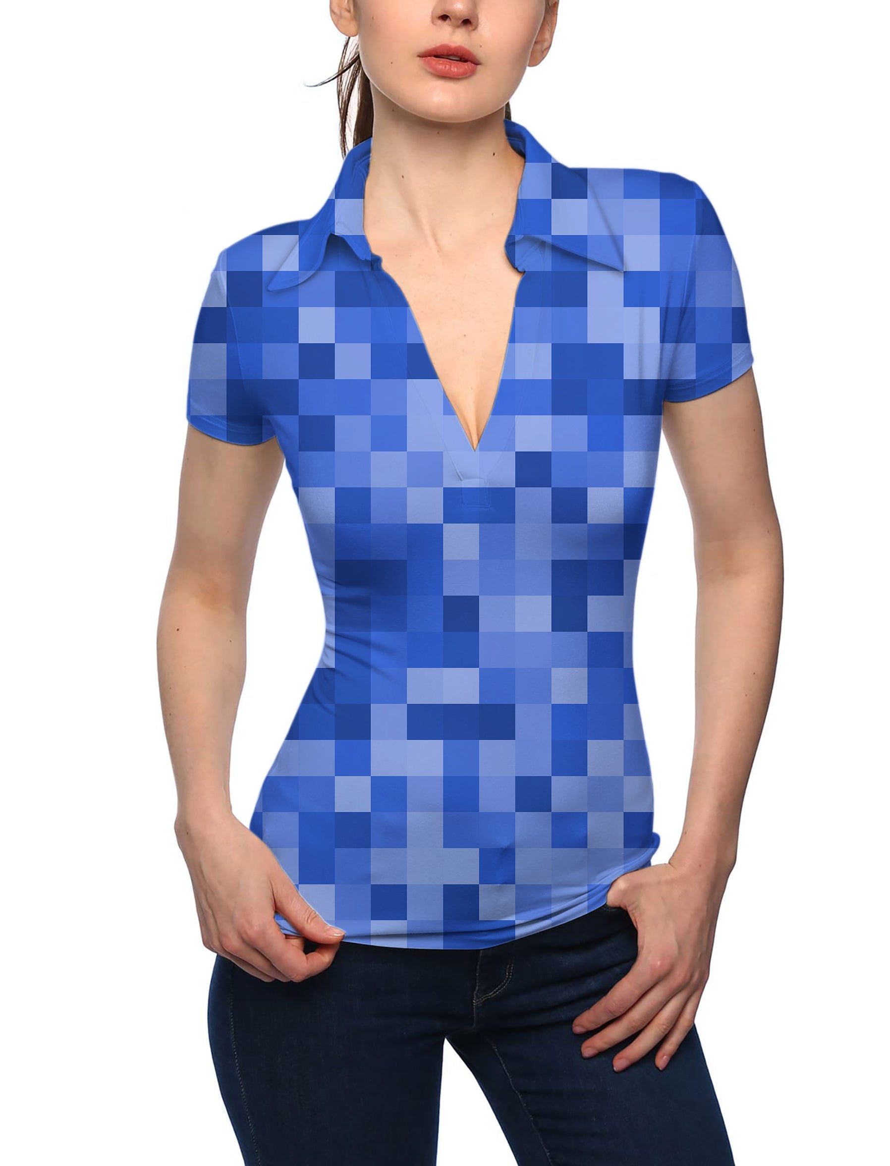 Women's Navy blue Pixel Big V Neck Golf Polo