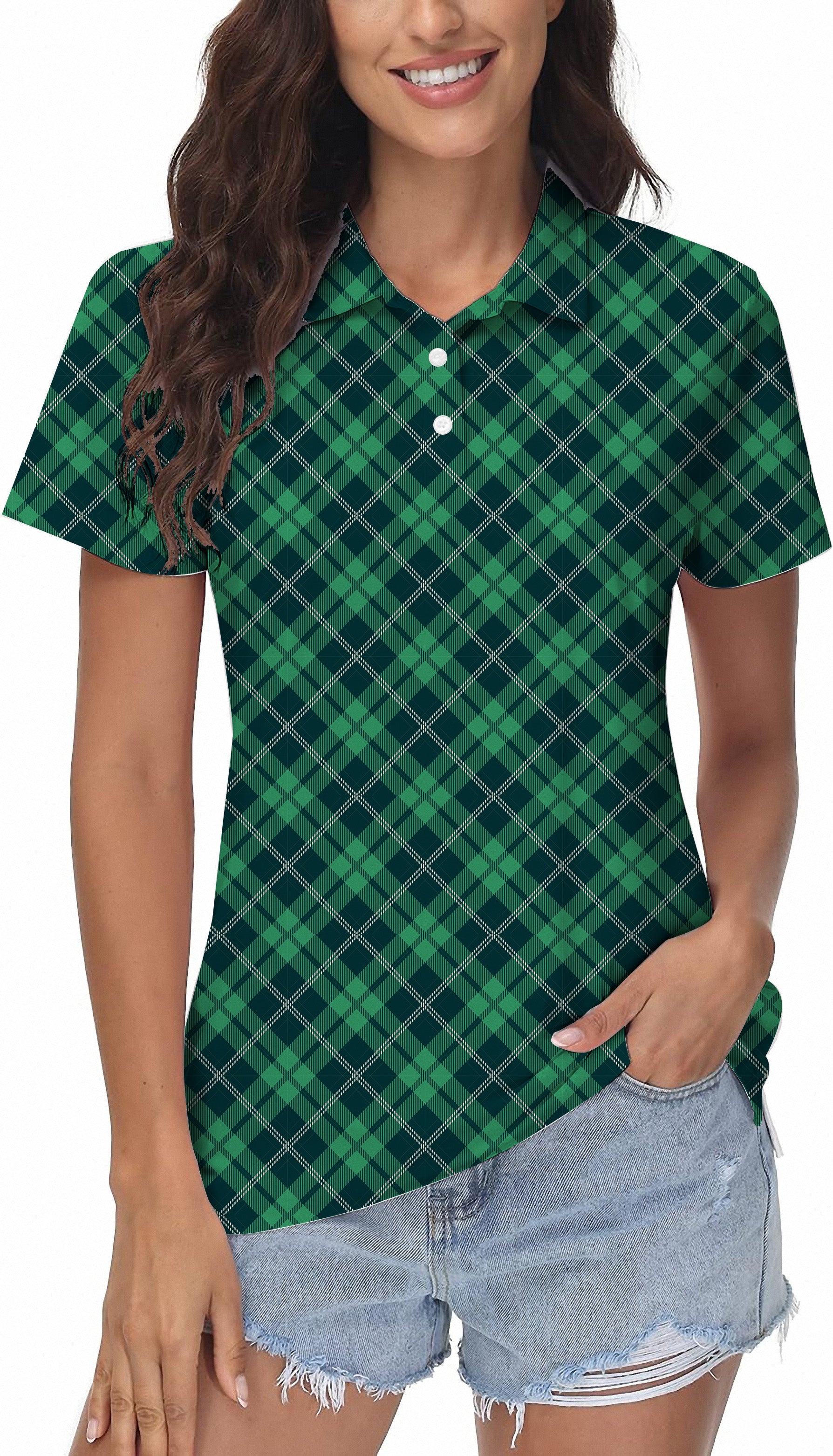 Green grid Women's Golf Polo