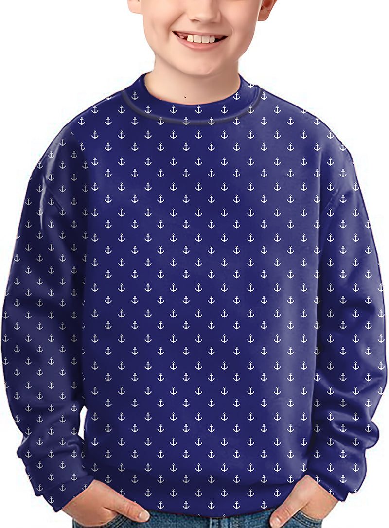 Royal Anchor crewneck pullover for kids with navy blue anchor pattern ugly sweater design
