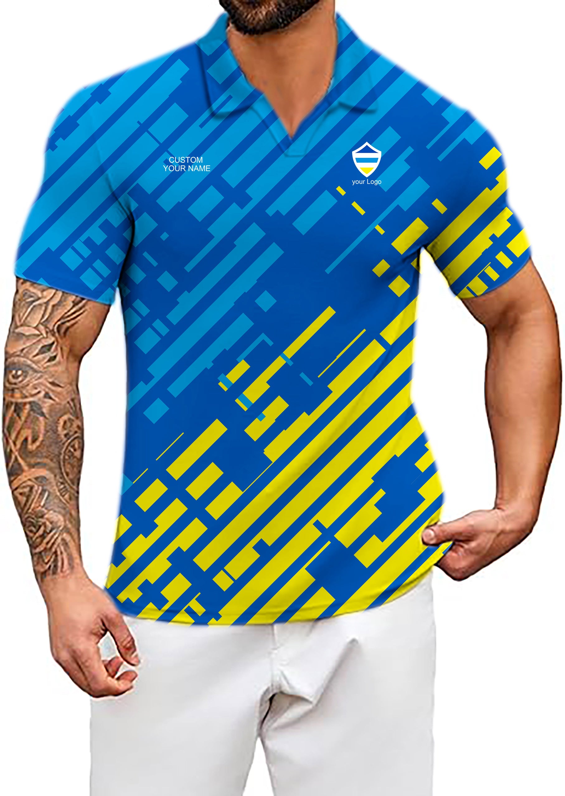 Men's blue yellow sport Team V Neck Golf Polo Shirts