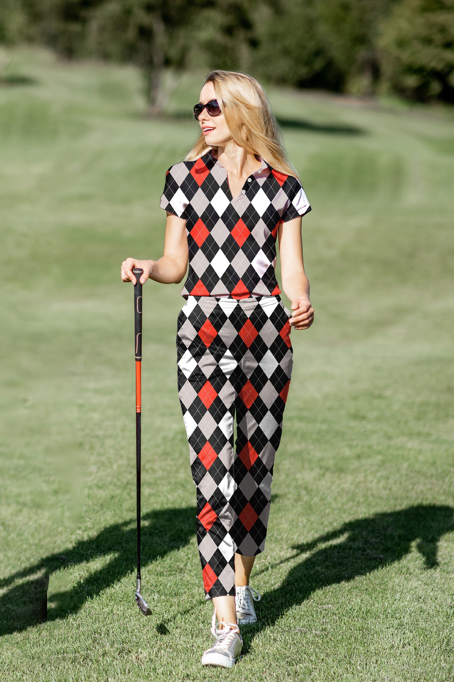 Women's Golf Polo+Pants Set Argyle red black