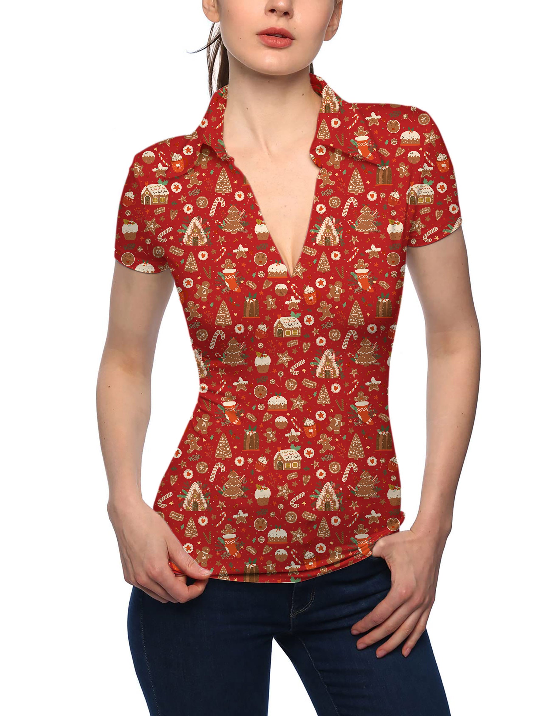 Women's Red Christmas Candy House V Neck Golf Polo