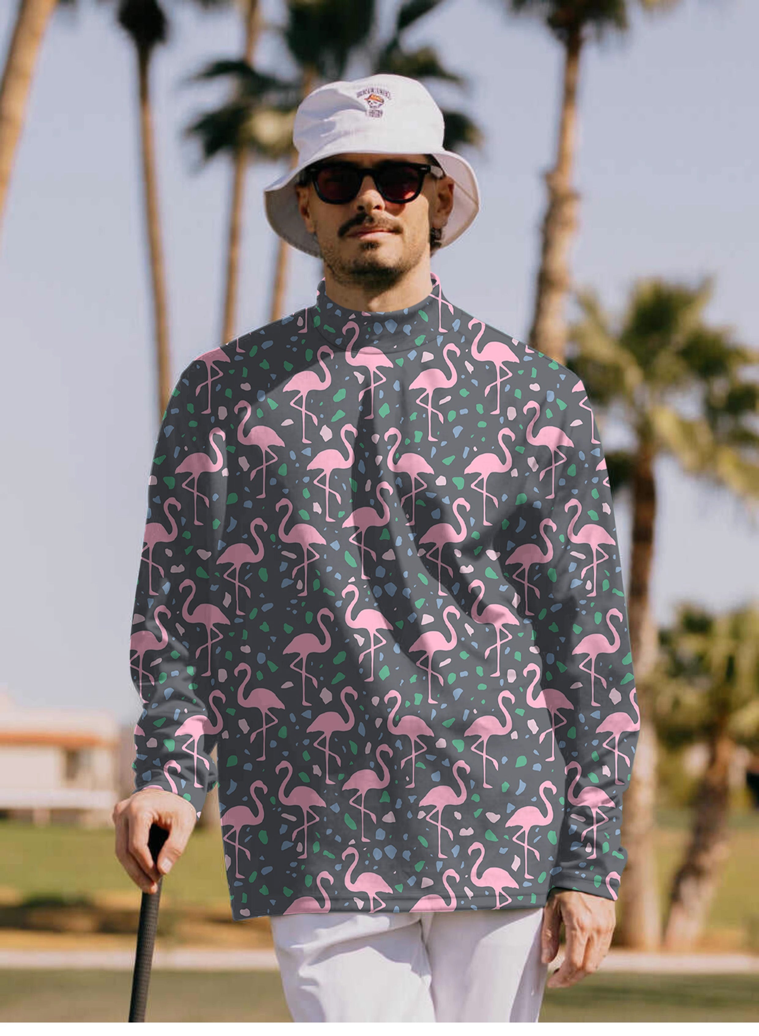 Men's Terrazzo Flamingo Pullover High neck Long/Short sleeve T-Shirt