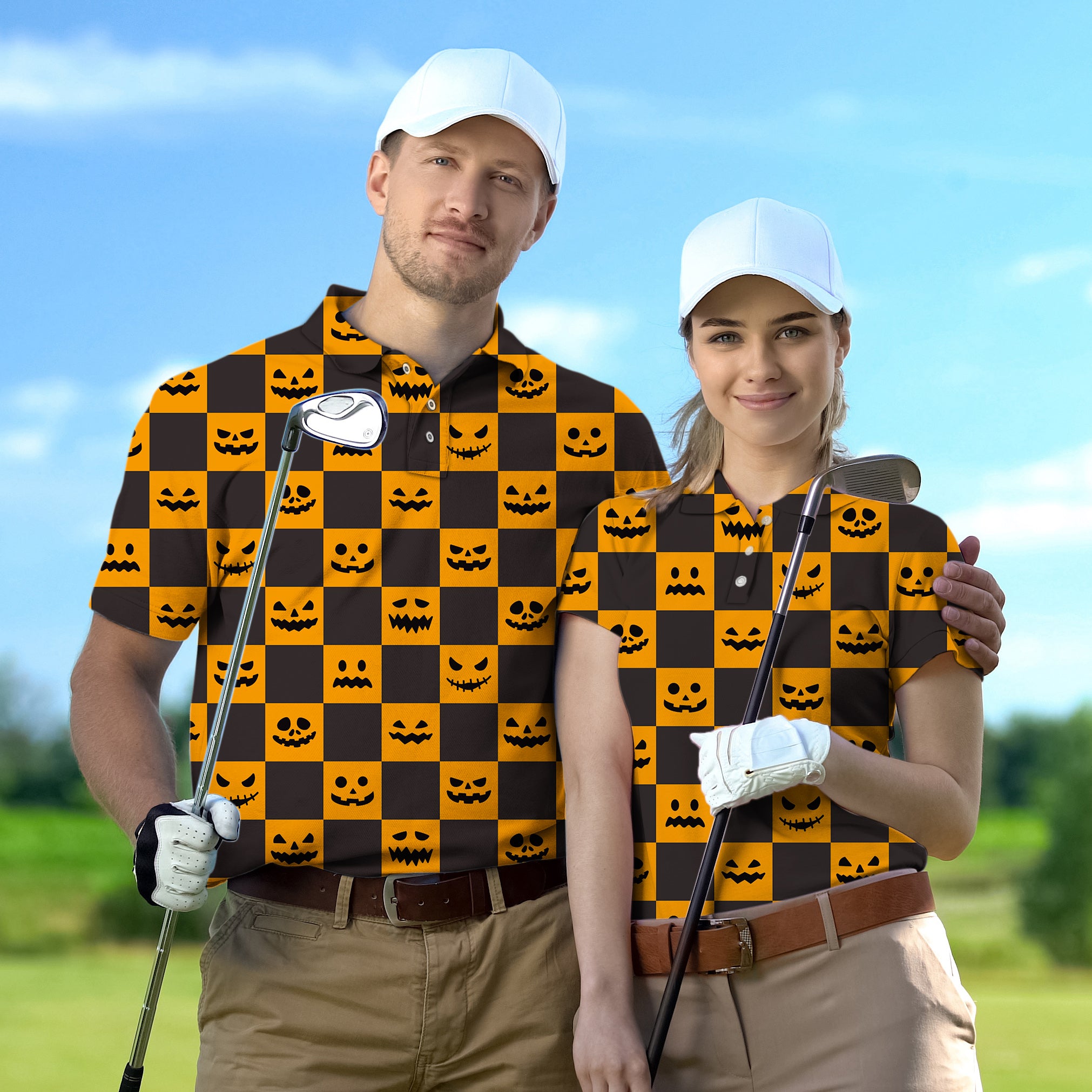 Couple Halloween black and yellow checkerboard pumpkin set Golf Championship Trophy tournament