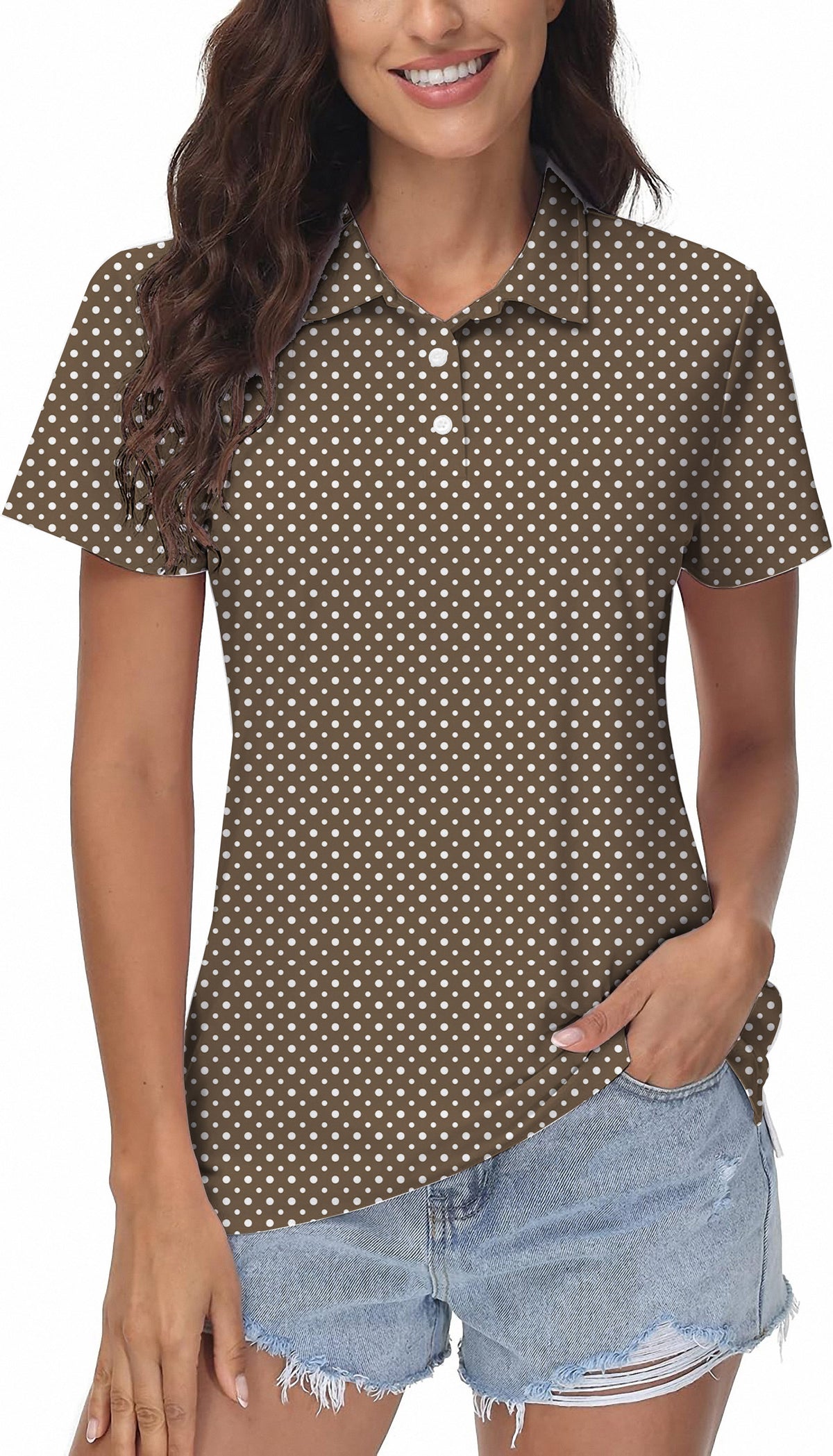 white polka dot brown Women's Golf Polo