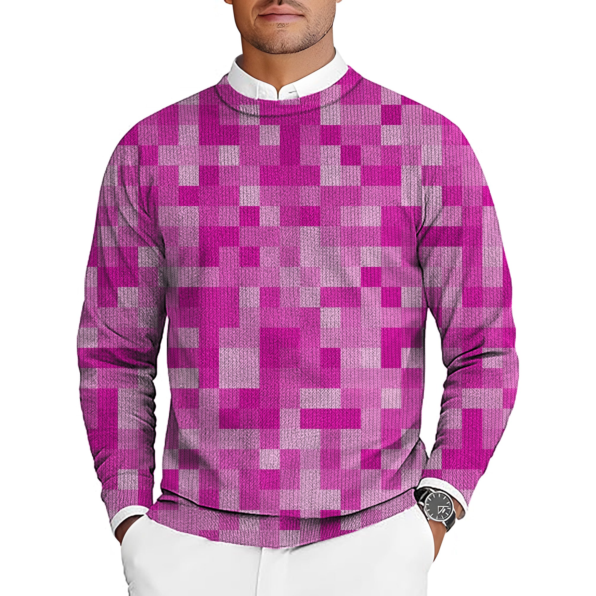 Rose Red Pixel Big Men's Golf Crewneck Pullover Sweaters Ugly Sweater