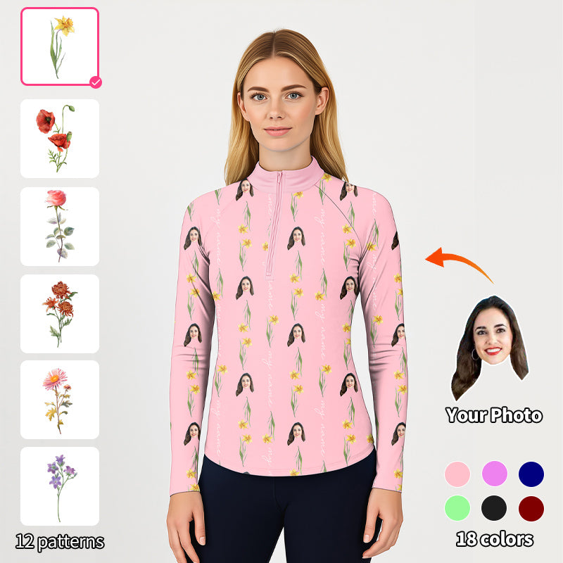Custom Mother's Day Flowers Women's Golf Active 3/4 Zipper Top Long Sleeves