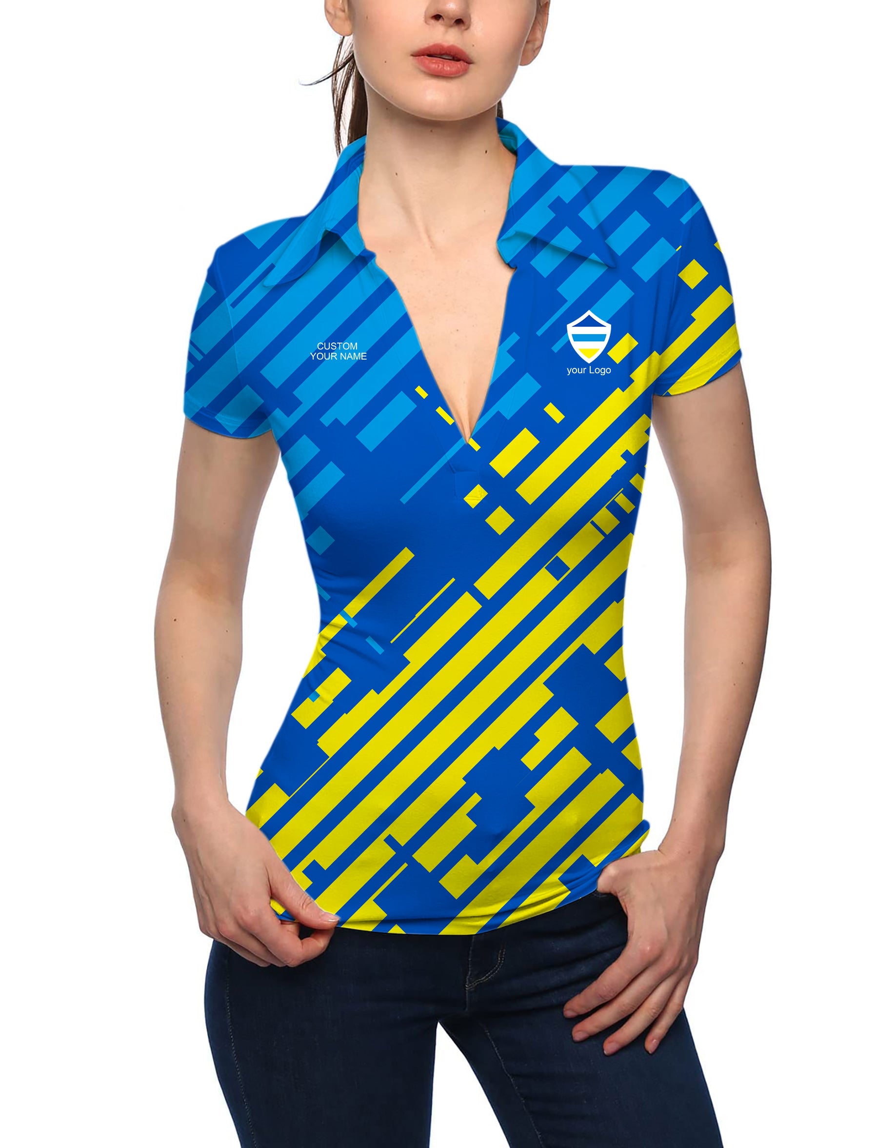 Women's blue yellow sport Team V Neck Golf Polo