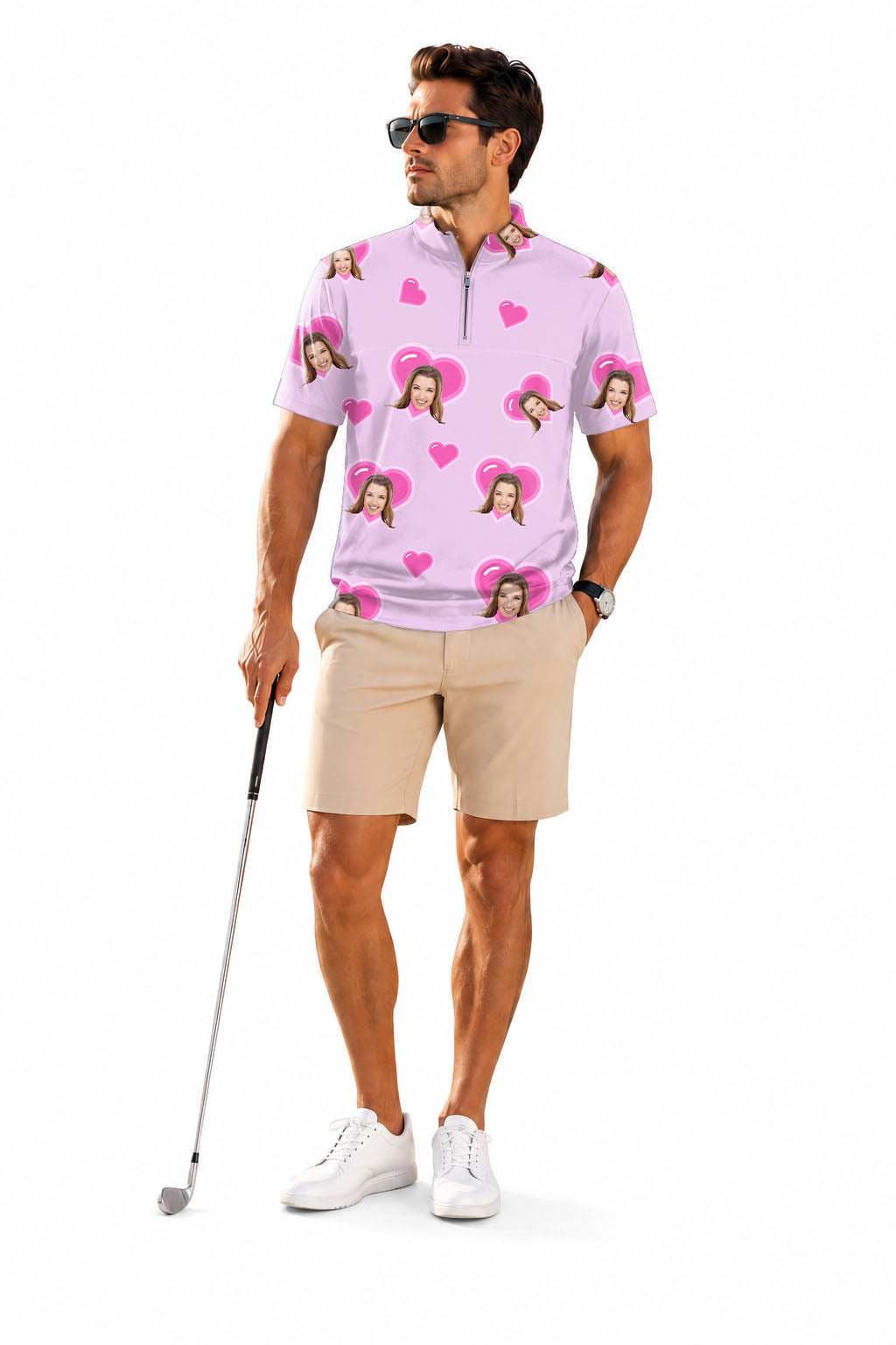 Valentine's Day Men's Short Sleeve Quarter Zip Golf Pullover   Custom Photo Face Custom Color Purple Love Embroidery