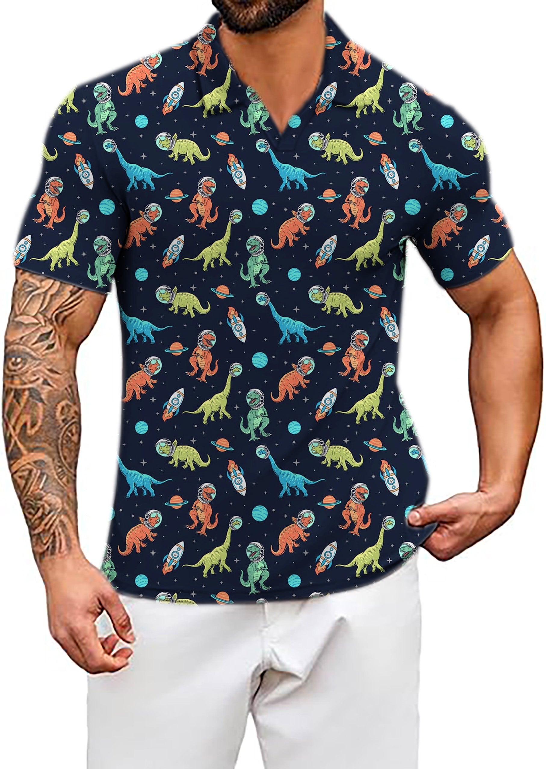 Men's Space Dinosaur V Neck Golf Polo Shirts