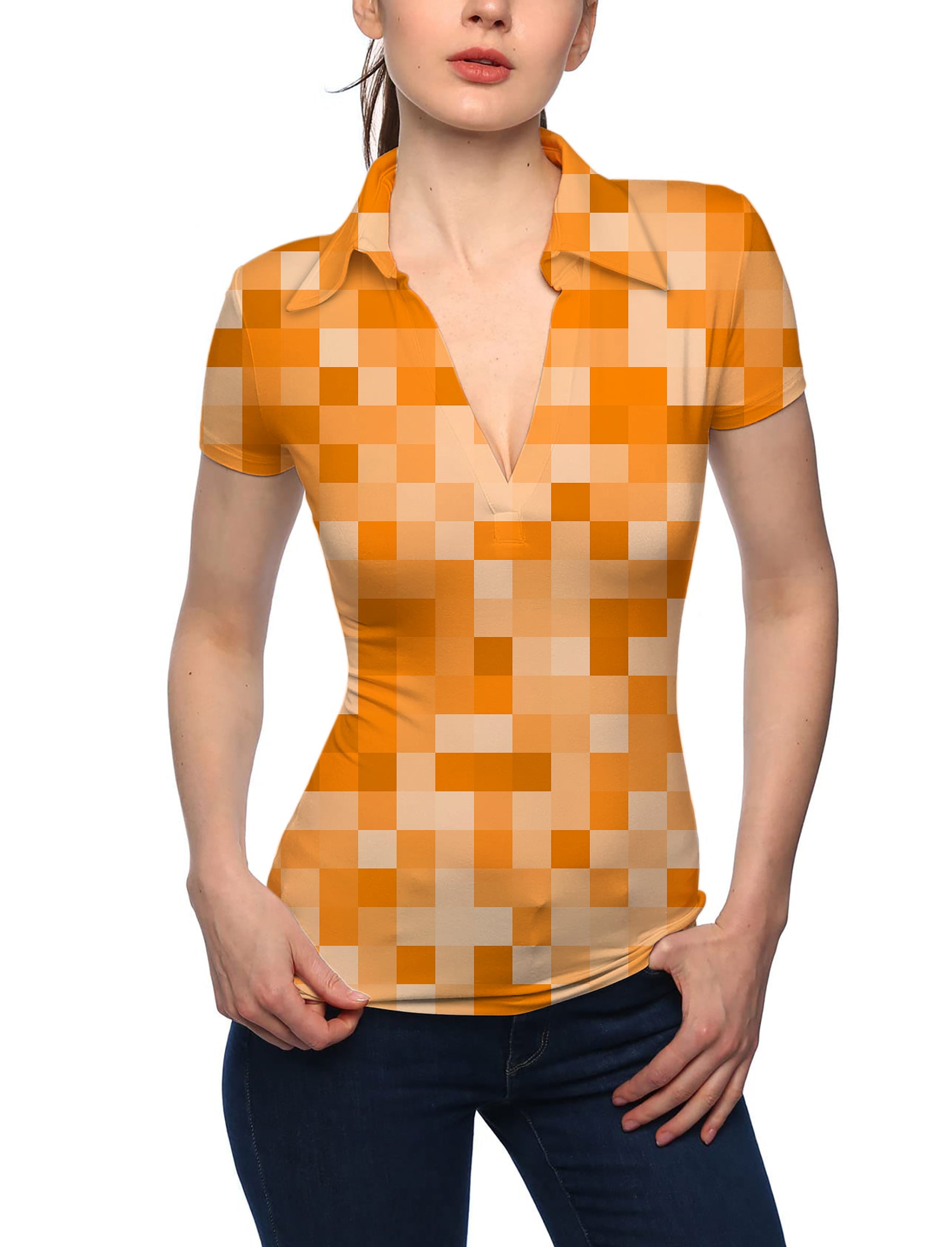 Women's Orange Pixel Big V Neck Golf Polo