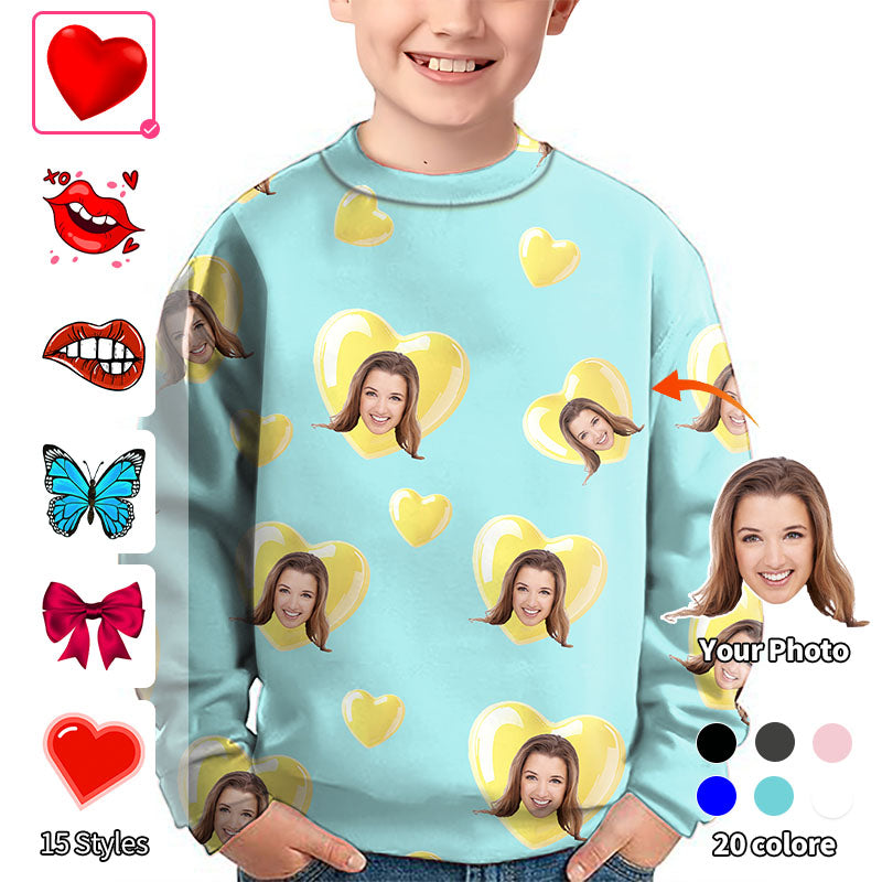 Valentine's Day Custom Photo Face Custom Color Green Blue Love Crewneck Pullover Kids Ugly Sweater