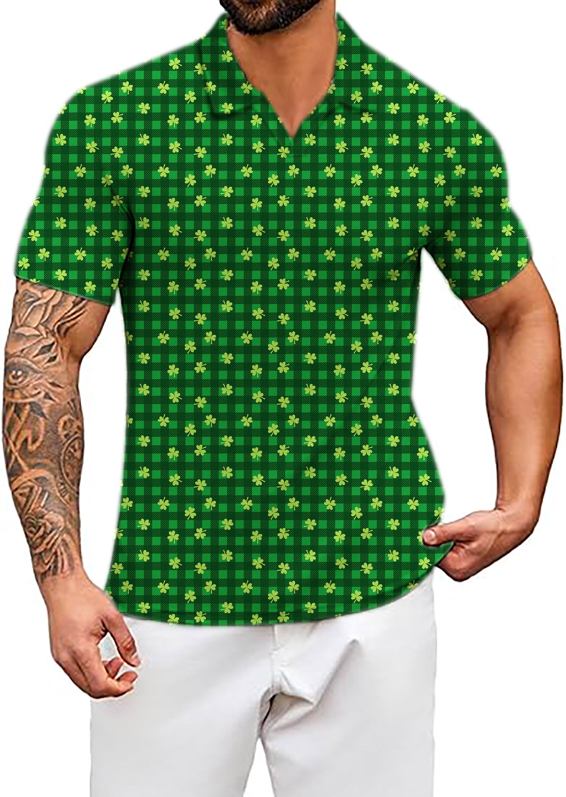 Men's Leaf clover St. Patrick's Day V Neck Golf Polo Shirts