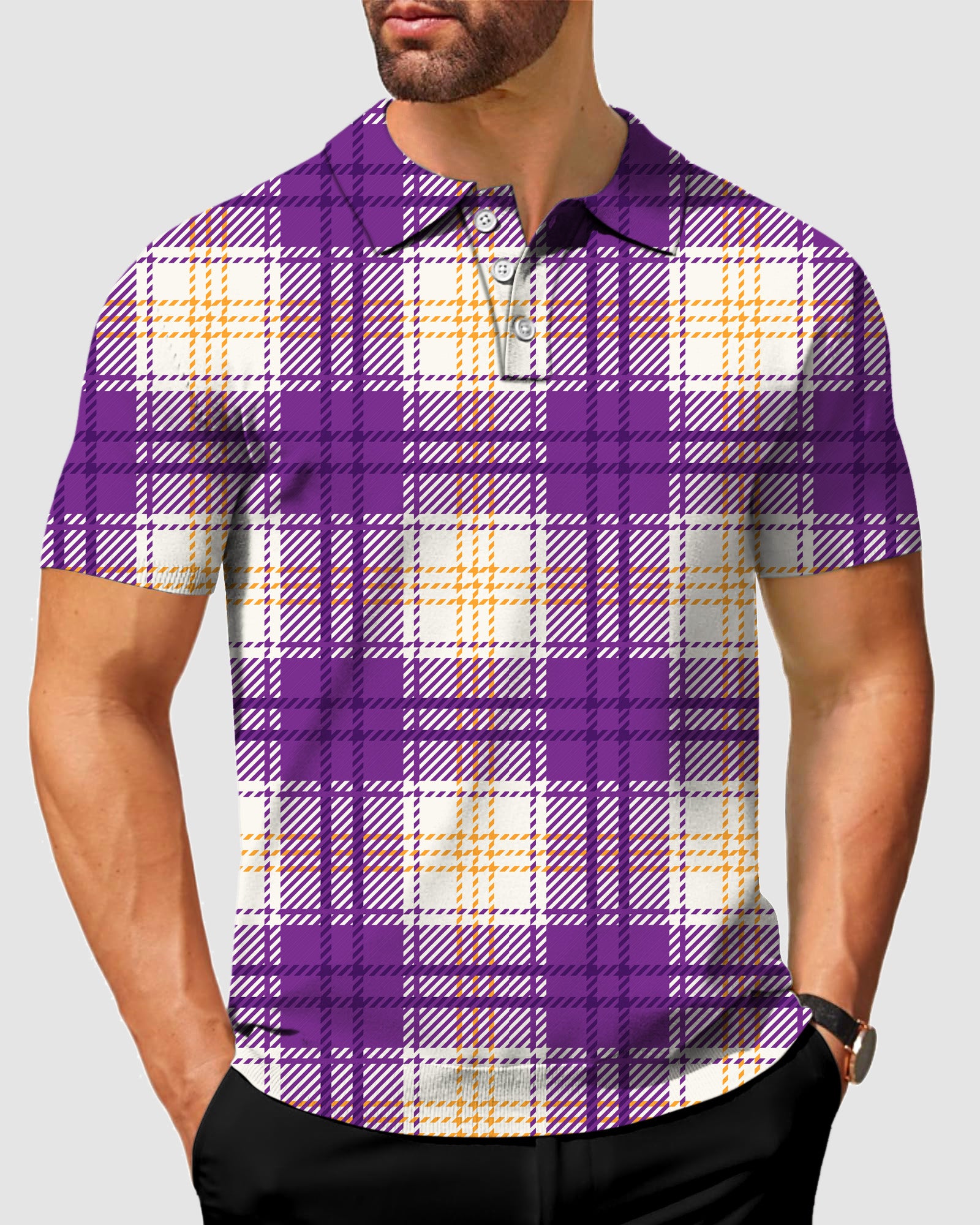 Men's Halloween purple and yellow grid pattern Polo